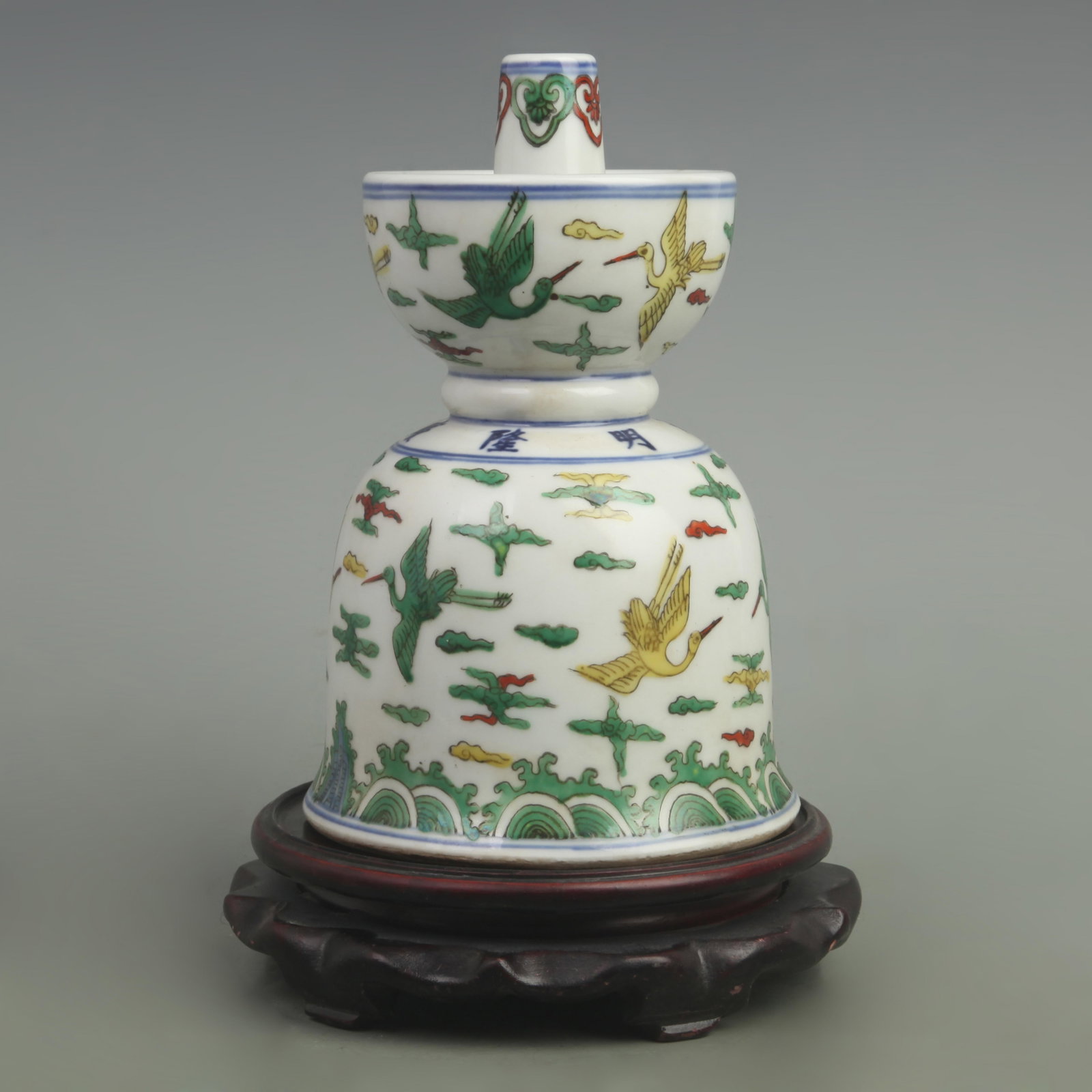 FAMILLE VERTE CRANE PATTERN PORCELAIN CANDLESTICKS: Ming Dynasty Style Yong Qing Period; High: 8.8 inch; Diameter: 5.5 inch; . Wooden base for display only