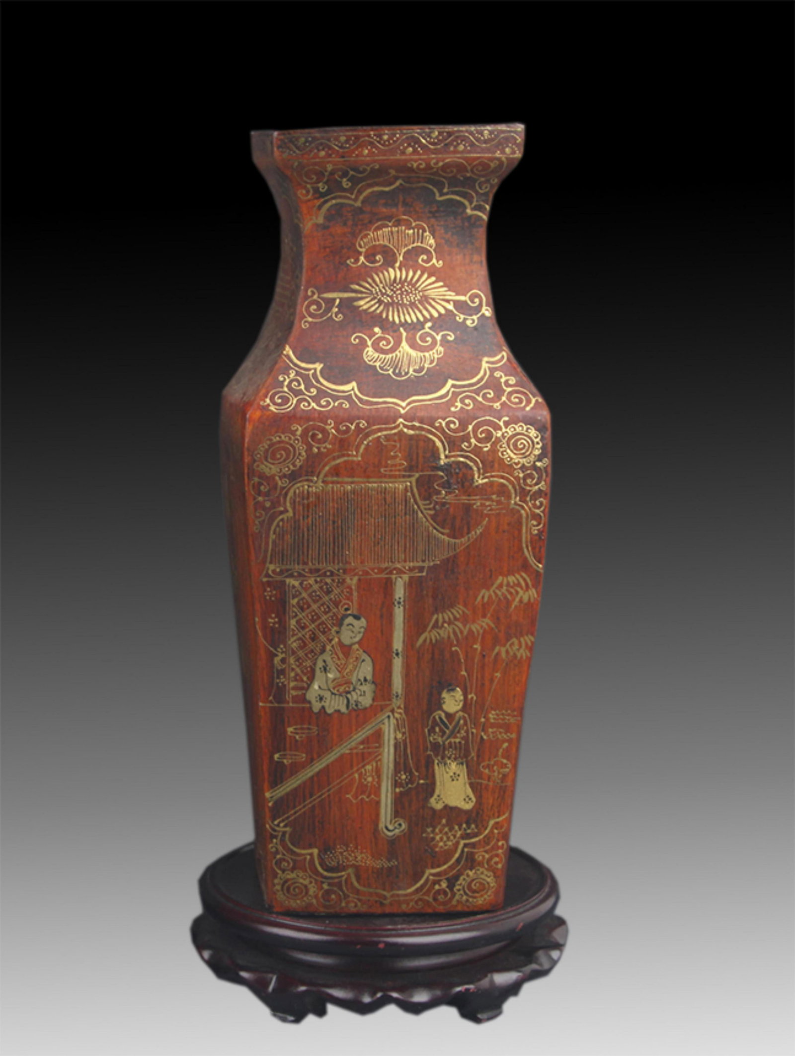 GILT LACQUERED FLOWER PAINTED VASE: Qing Dynasty; High: 10.25 inch; Long: 3.5 inch; High: 2.0 inch; . Wooden base for display only