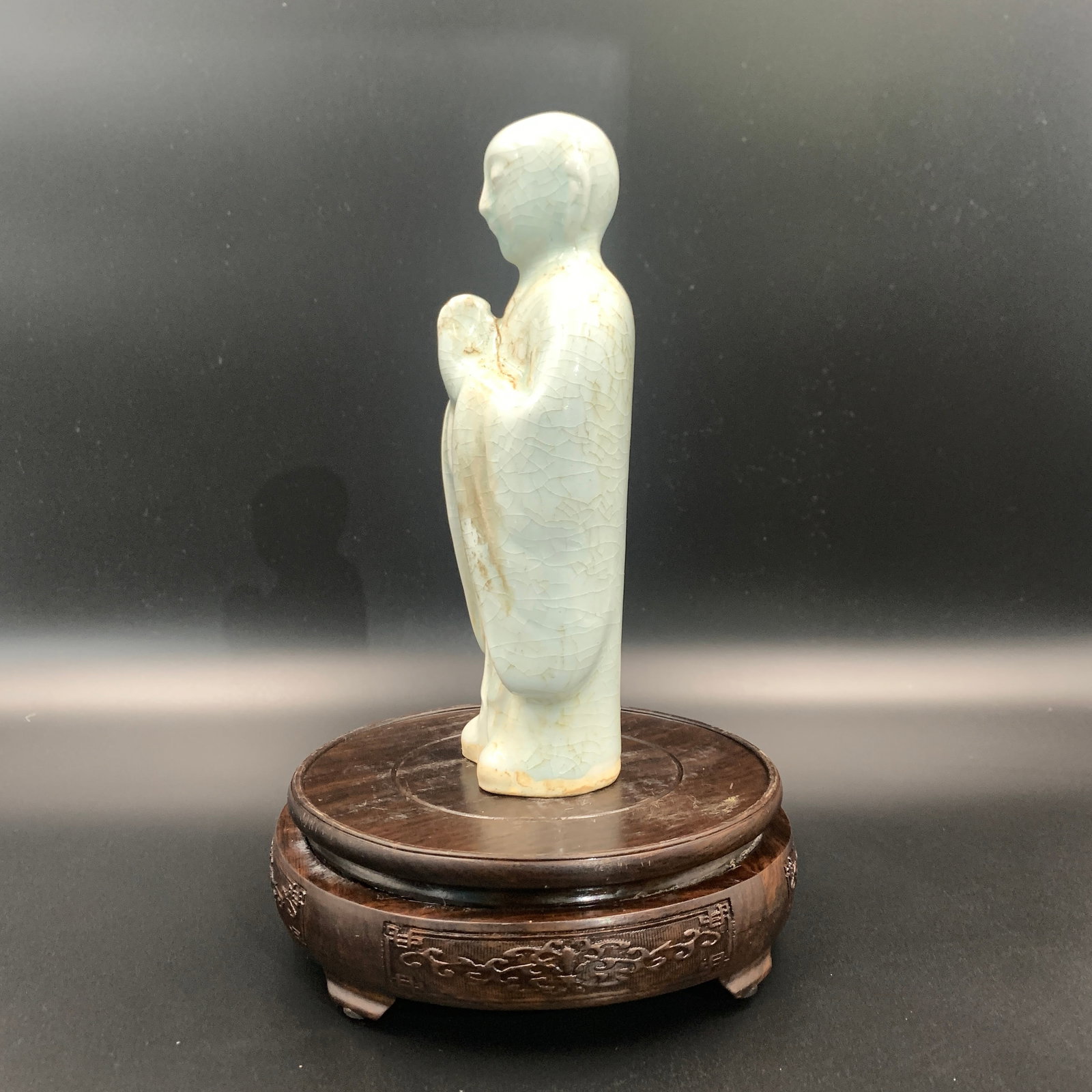 CELADON COLOR GLAZED STANDING MONK STATUE - 2