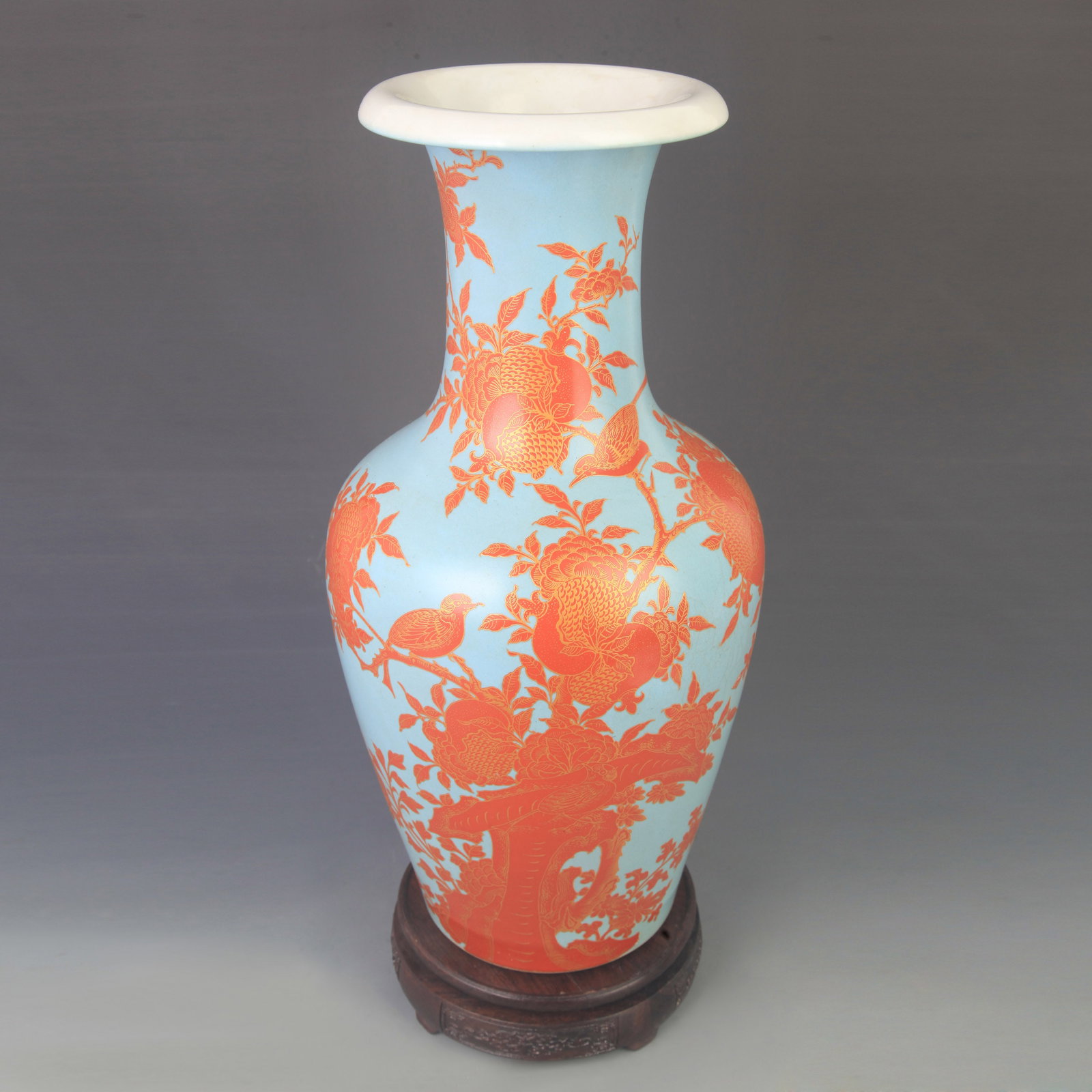 A FAMILLE ROSE CELADON-GROUND GILT-DECORATED FLORAL VASE: Qing Dynasty Kang Xi Period; High: 16.5 inch; Diameter: 8.00 inch; . Wooden base for display only