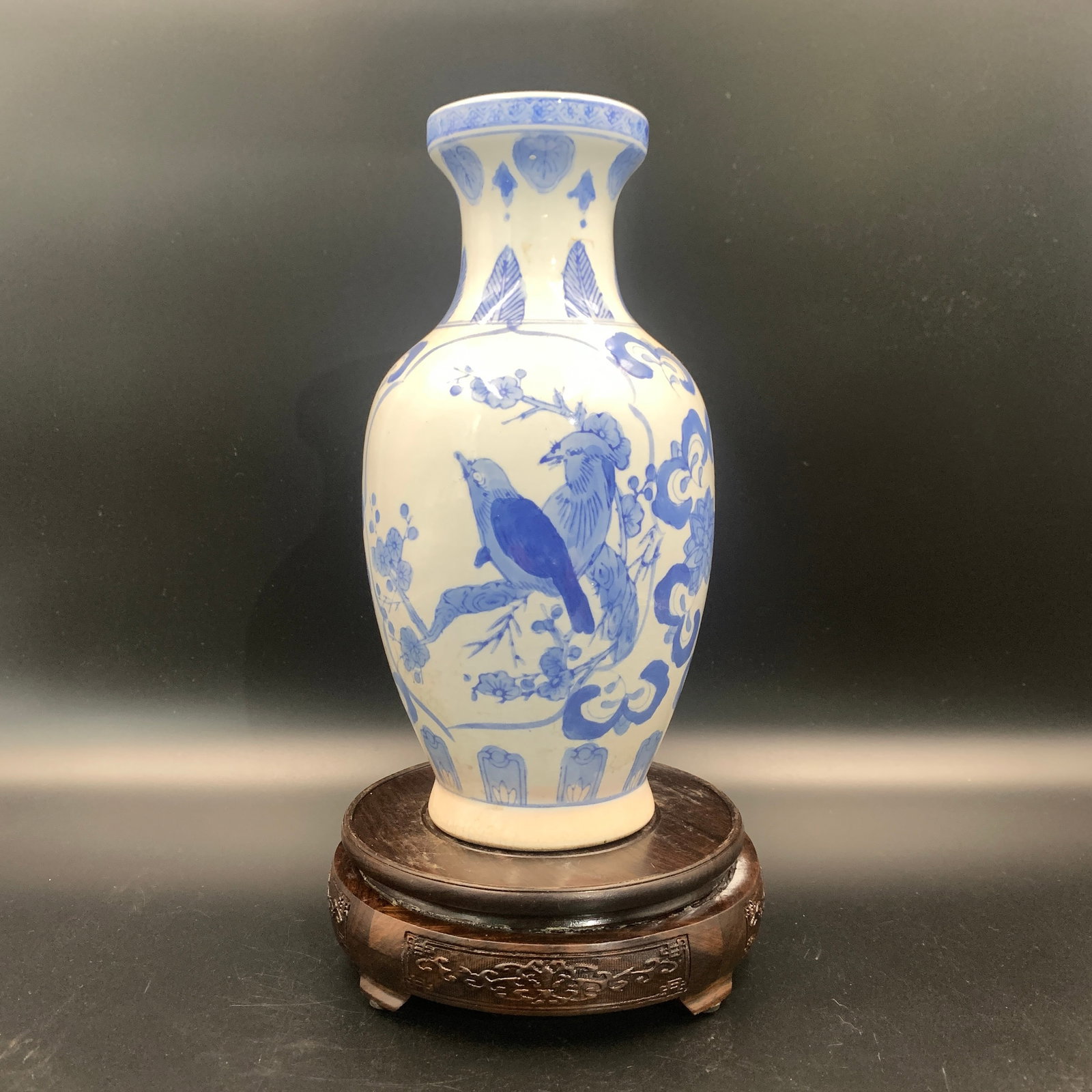 BLUE AND WHITE "BIRDS ON BLOSSOM BRANCH" VASE