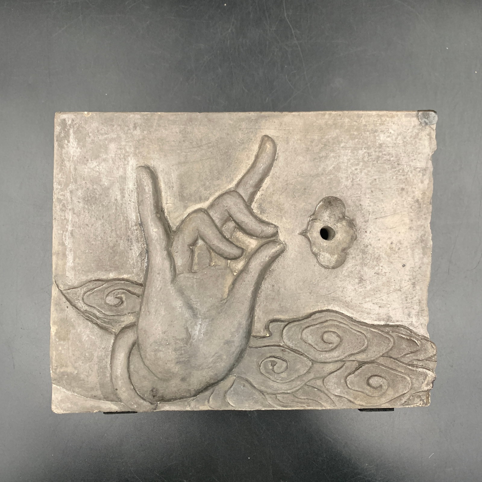 CARVED STONE BUDDHIST MUDRA RELIEF TEA BASE