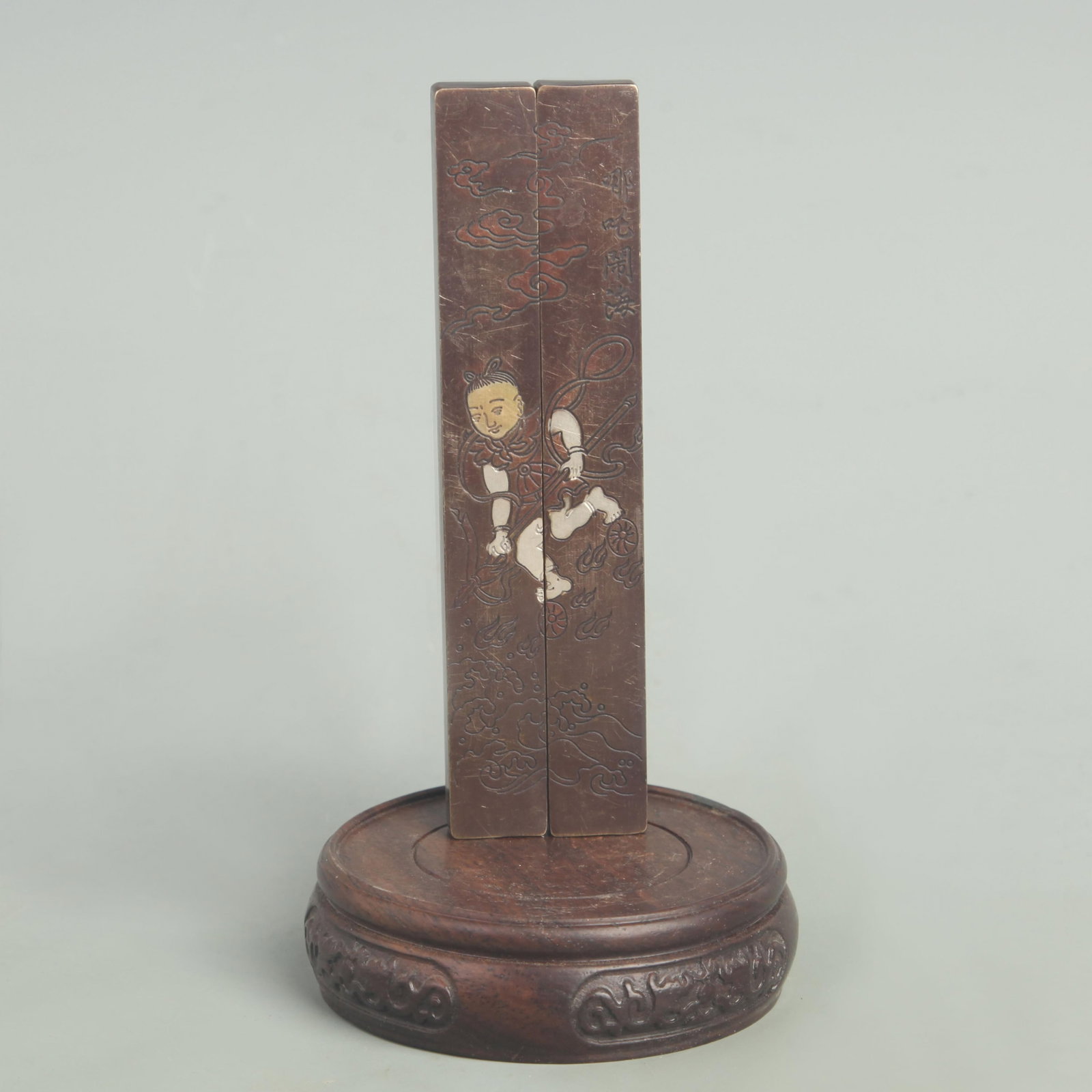 BRONZE MADE AND SILVER INLAID PAPER WEIGHT: Republic Period; High: 6.00 inch; Width: 0.75 inch. Wooden base for display only