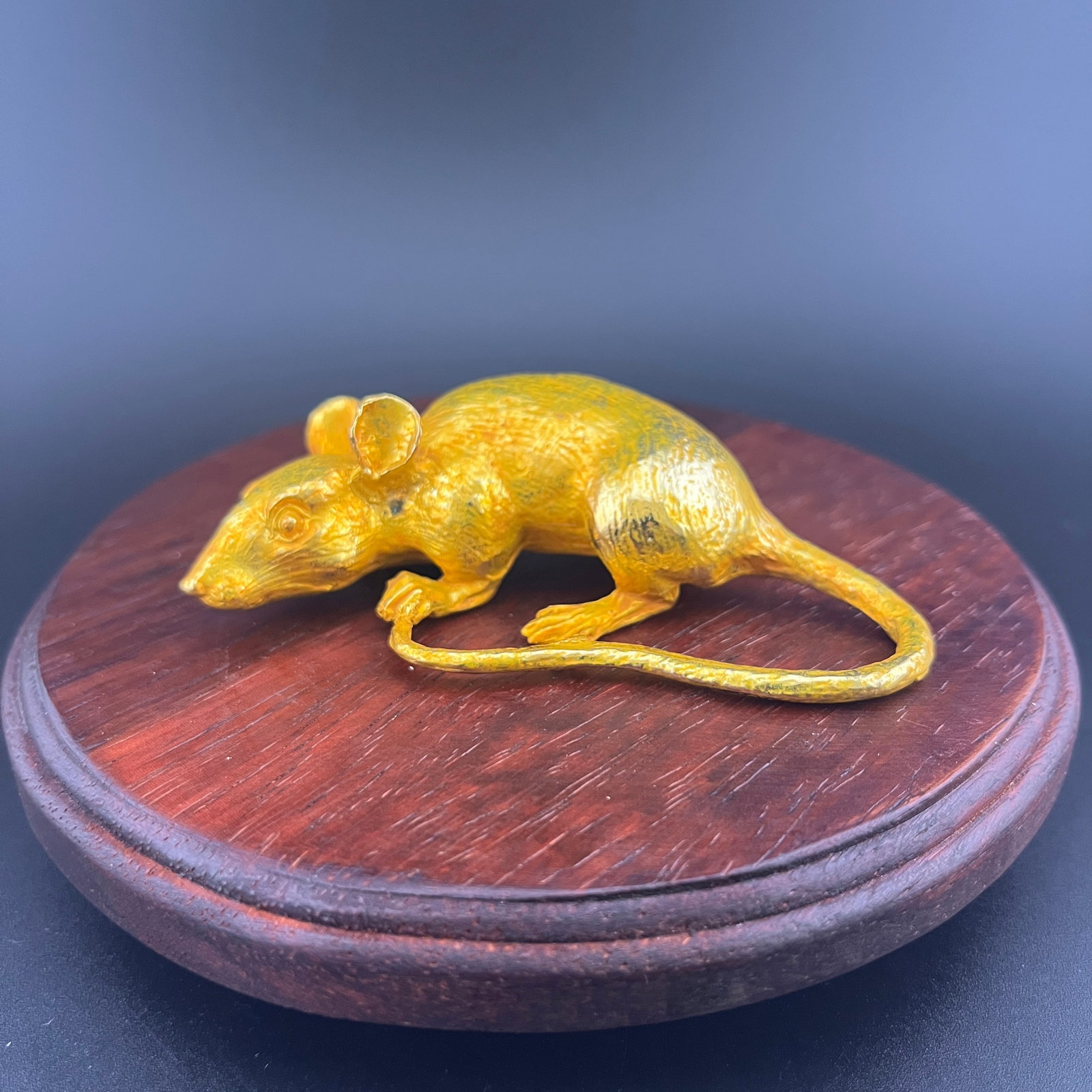 GILT BRONZE MOUSE FIGURINE: Modern; Long: 3.3 inch; Width: 1.75 inch; High: 0.9 inch; . Wooden base for display only
