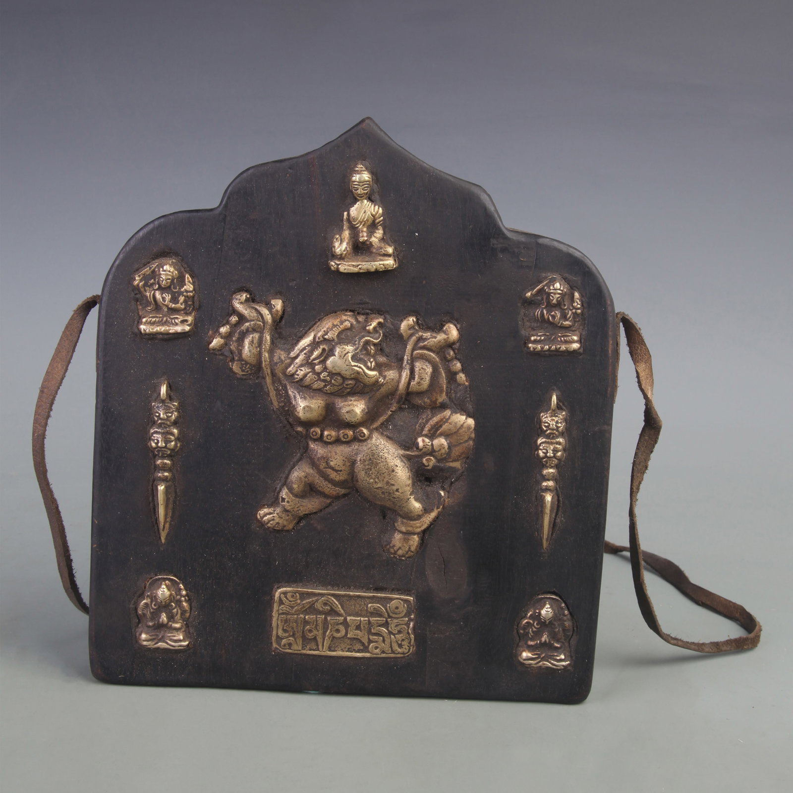 TIBETAN BUDDHIST GAWU (PORTABLE SHRINE): Qing Dynasty; Long: 8.6 inch; Width: 7.6 inch; High: 0.9 inch. Wooden base for display only