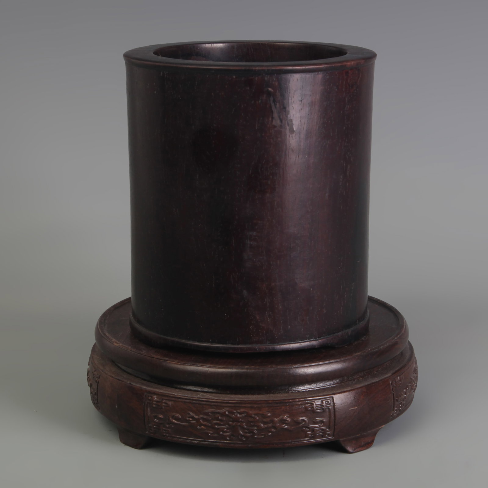 ZITAN HARDWOOD SCHOLAR'S BRUSH POT: Diameter: 4.9 in; High: 5.4 in. Wooden base for display only