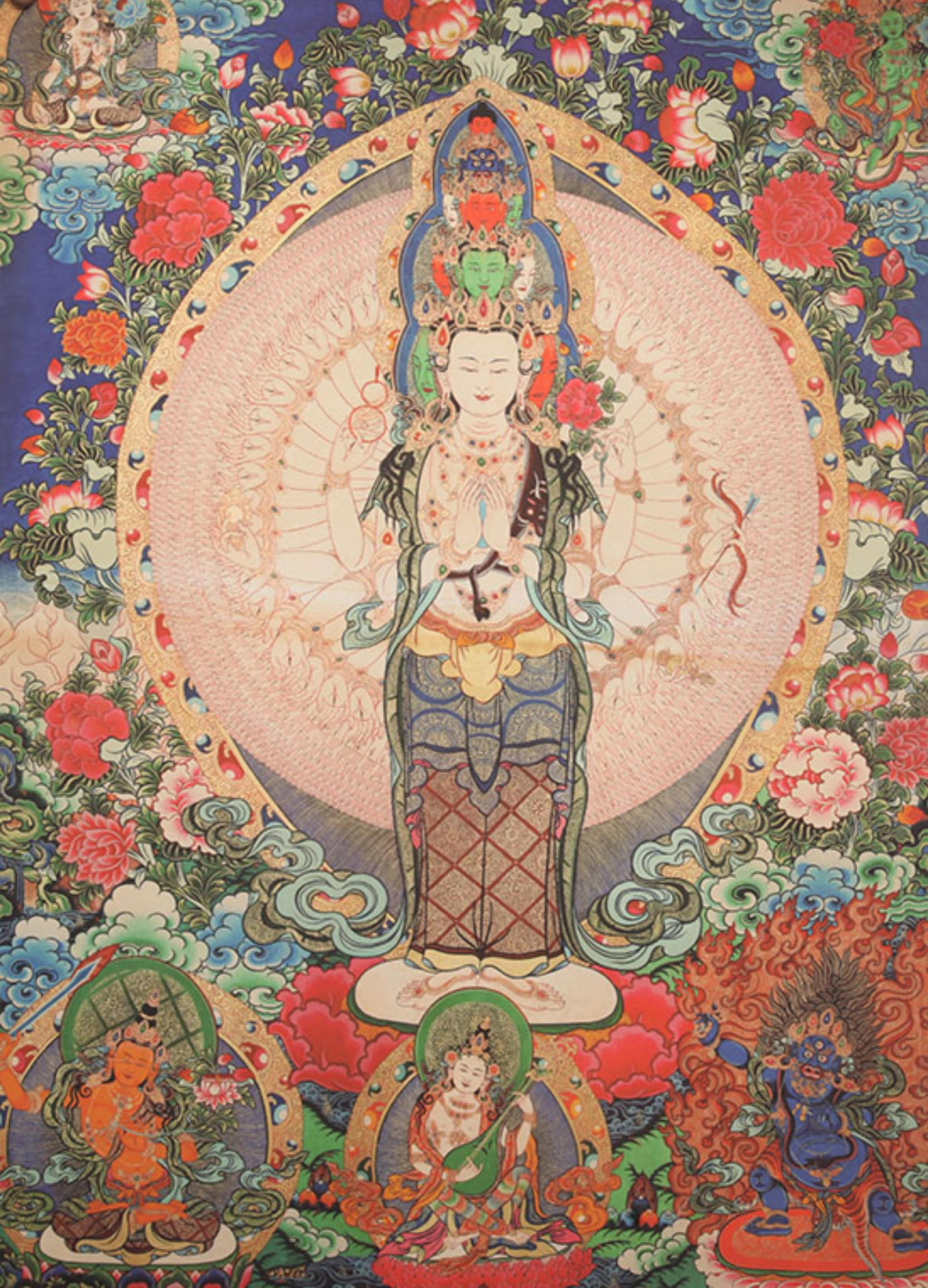 SILK-MOUNTED THANGKA: 20th Century; High: 35.0 inch; Width: 25.75 inch. Wooden base for display only