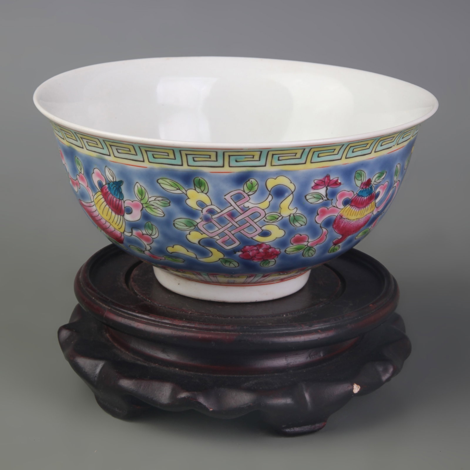 A FAMILLE ROSE BLUE-GROUND EIGHT TREASURES BOWL