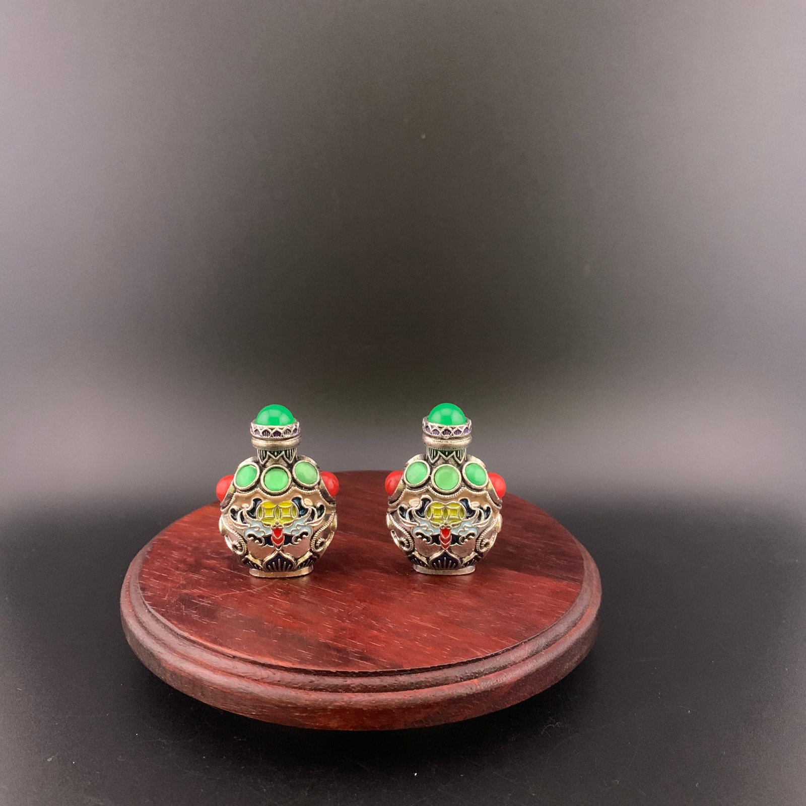 PAIR OF MINIATURE METALWORK SNUFF BOTTLES