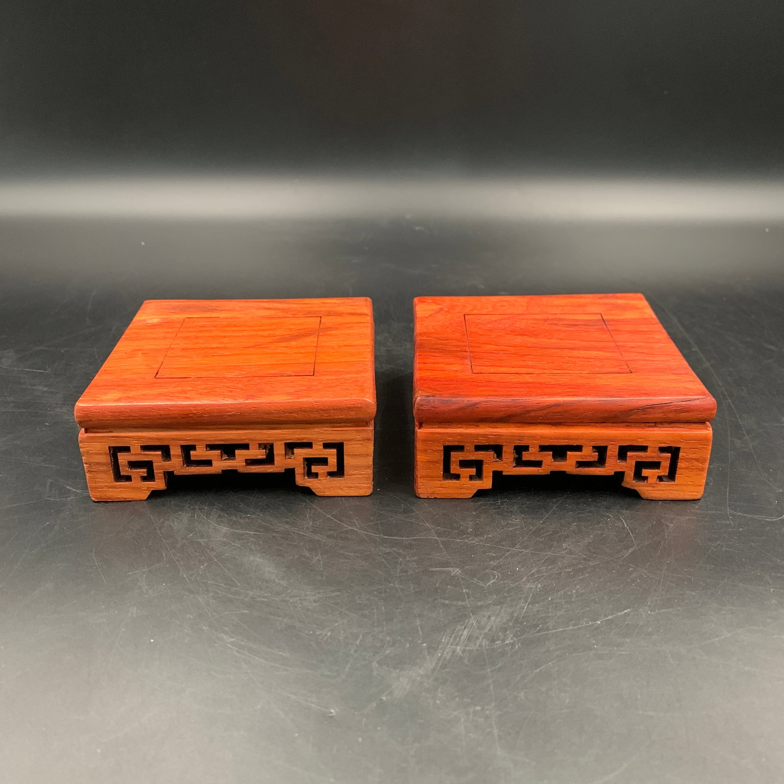PAIR OF SQUARE MINIATURE ROSEWOOD DISPLAY PEDESTALS