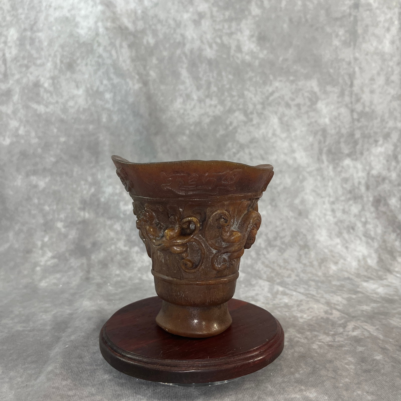 BONE CARVED HORN ARCHAISTIC LIBATION CUP