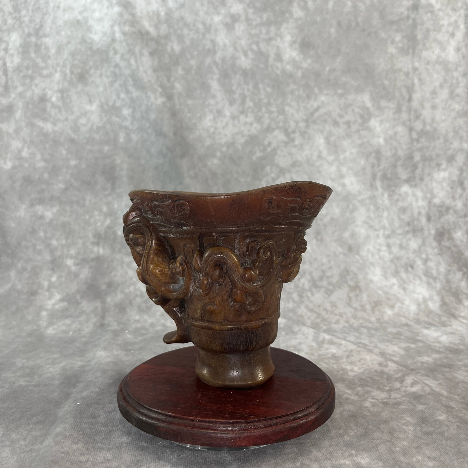 BONE CARVED HORN ARCHAISTIC LIBATION CUP - 5