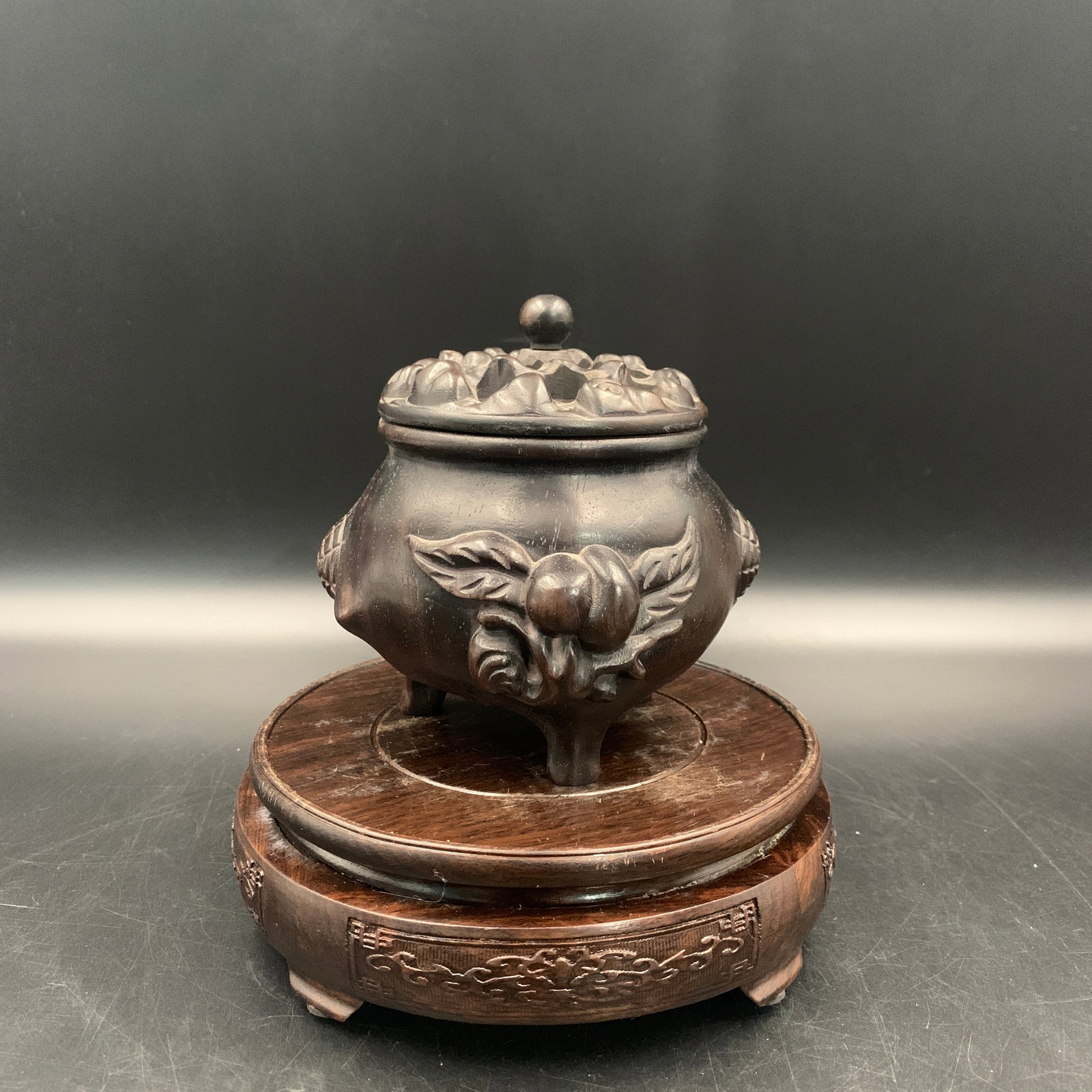 CARVED HARDWOOD "LONGEVITY PEACH" CENSER