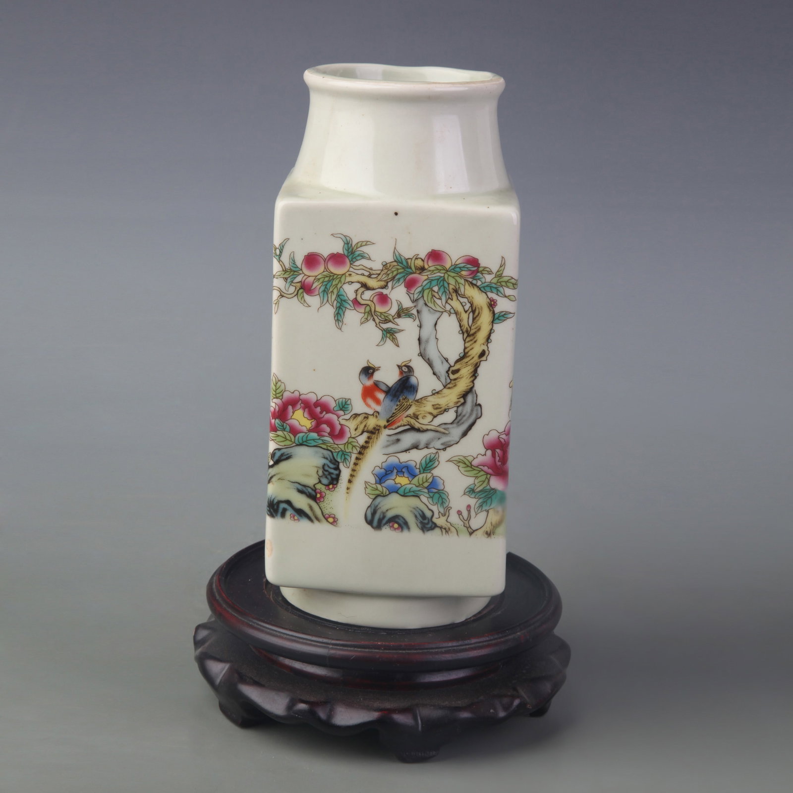 A FAMILLE ROSE CONG-FORM VASE WITH BIRD-AND-FLOWER MOTIF