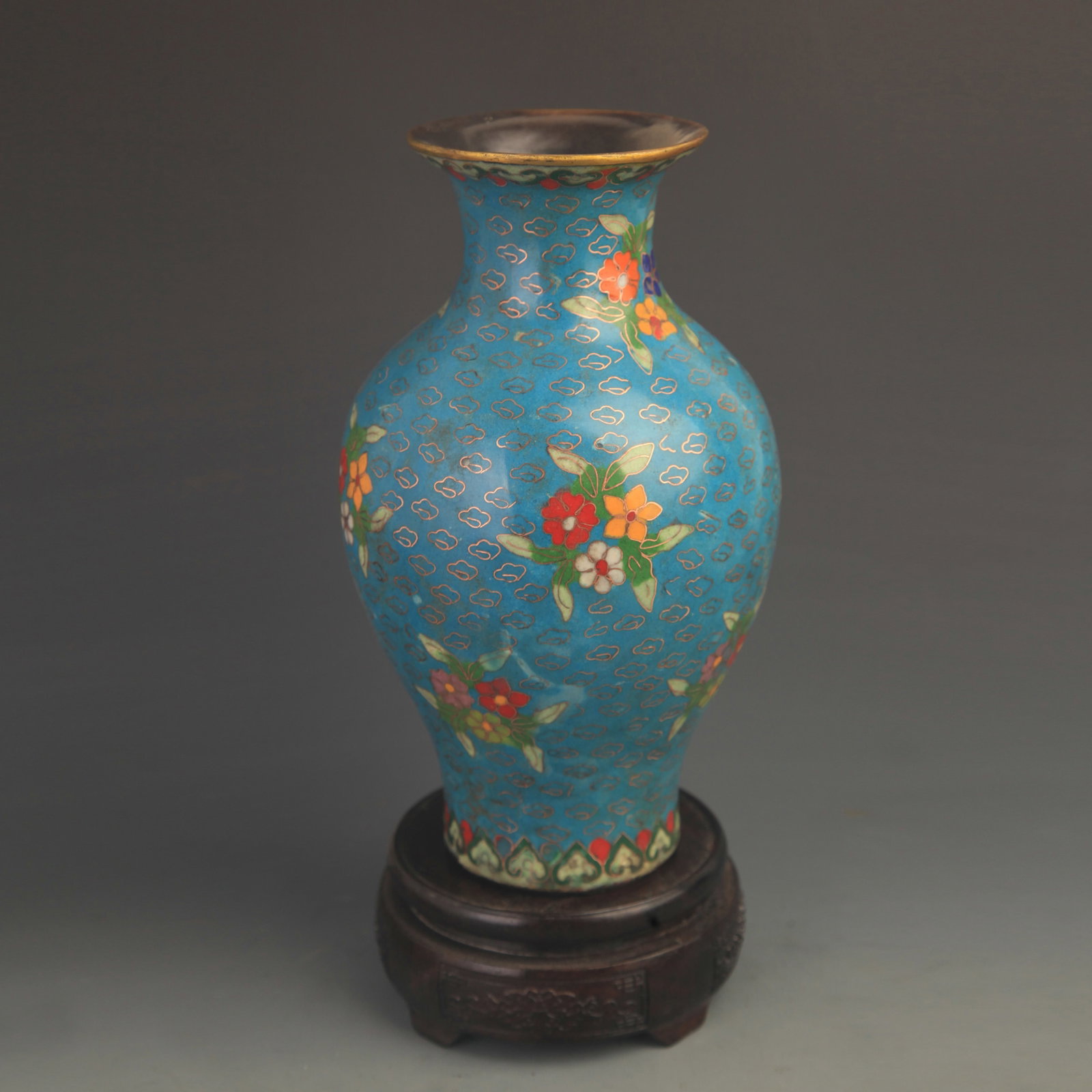 RARE CLOISONN??ENAMEL BRONZE VASE WITH FLORAL SCROLL DECORATION