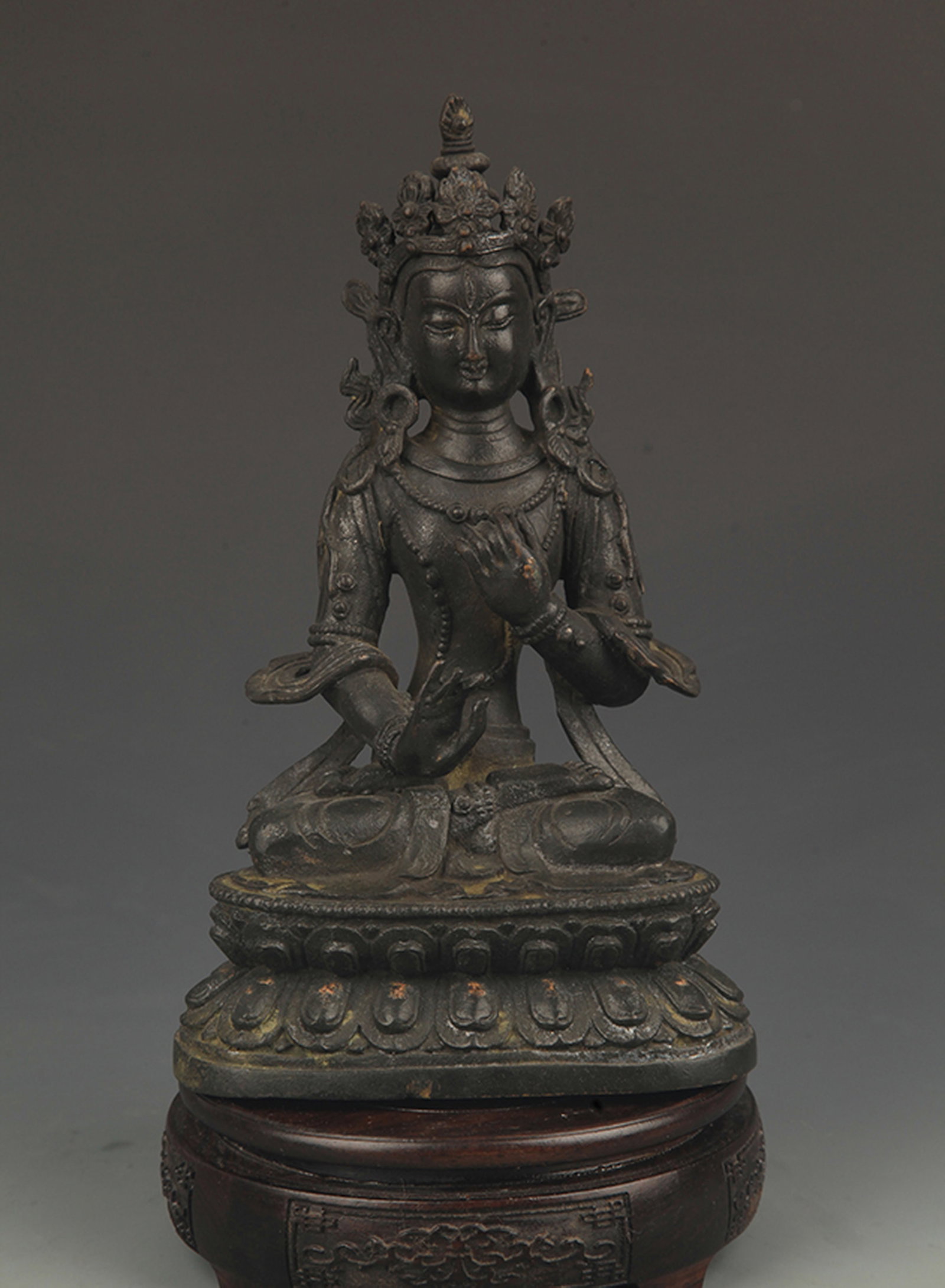 RARE BRONZE FIGURE OF MAITREYA BODHISATTVA: 19th Century; High: 9.0 inch; Width: 4.5 inch. Wooden base for display only