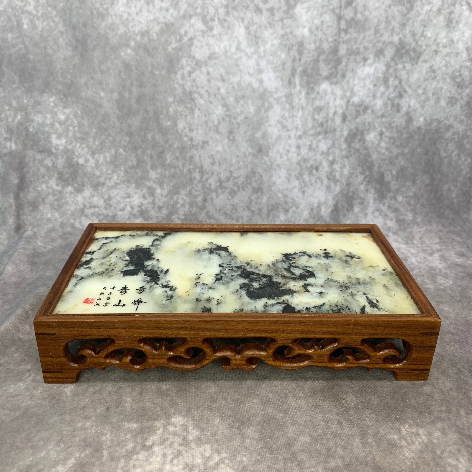 A FINE SMALL WOOD TABLE WITH MARBLE TABLE SCREEN - 3