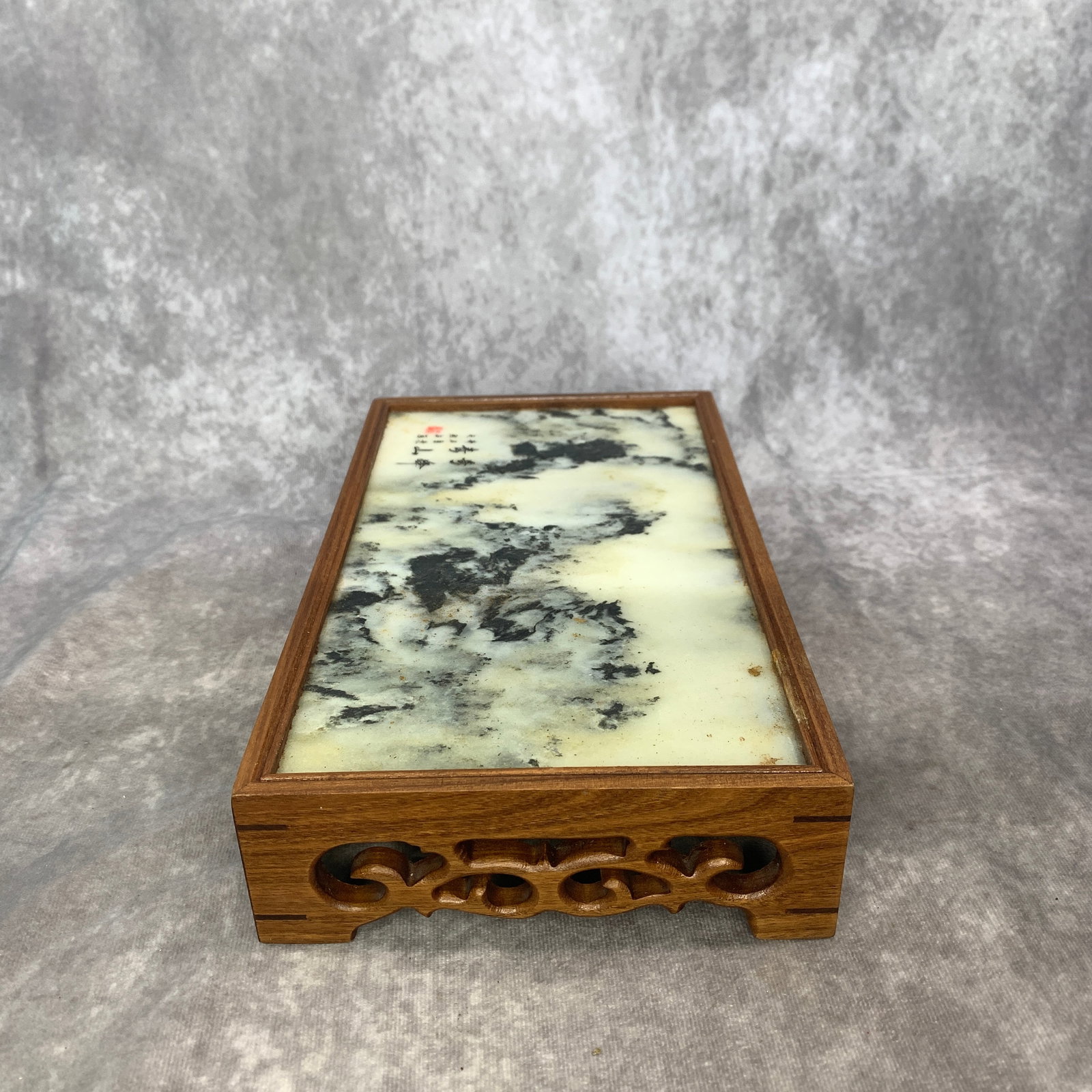 A FINE SMALL WOOD TABLE WITH MARBLE TABLE SCREEN - 4