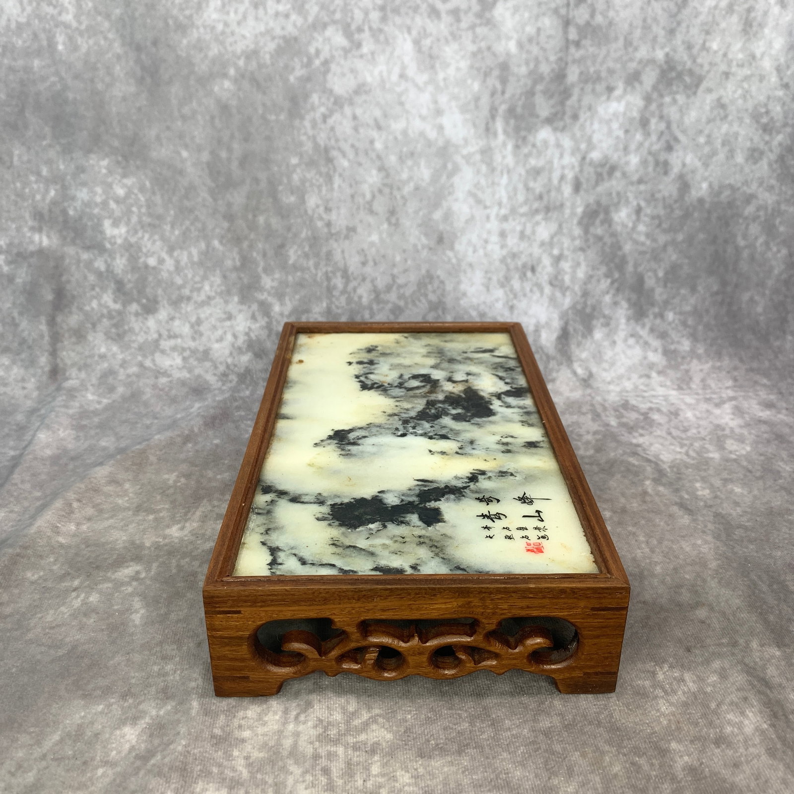 A FINE SMALL WOOD TABLE WITH MARBLE TABLE SCREEN - 5