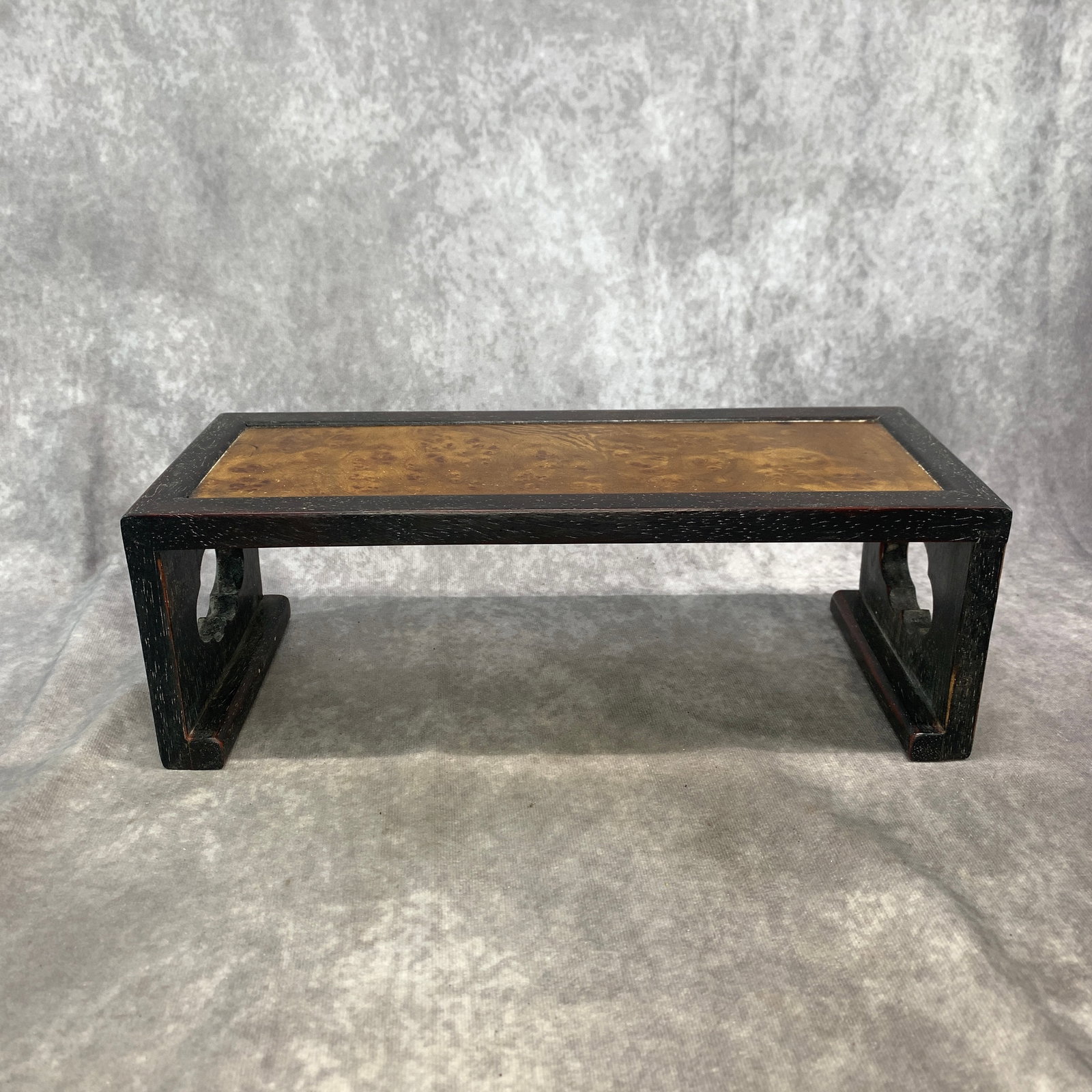 MINIATURE BURLWOOD-INSET SCHOLAR'S TABLE: Republic Period; Long: 13.2 inch; Width: 5.4 inch; High: 4.4 inch; . Wooden base for display only
