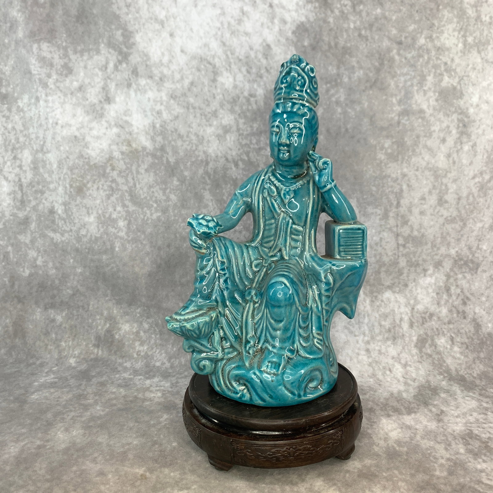 TURQUOISE-GLAZED CERAMIC STATUE OF SEATED GUANYIN: Ming Dynasty Style; Long: 7.6 inch; Width: 4.6 inch; High: 11.7 inch; . Wooden base for display only