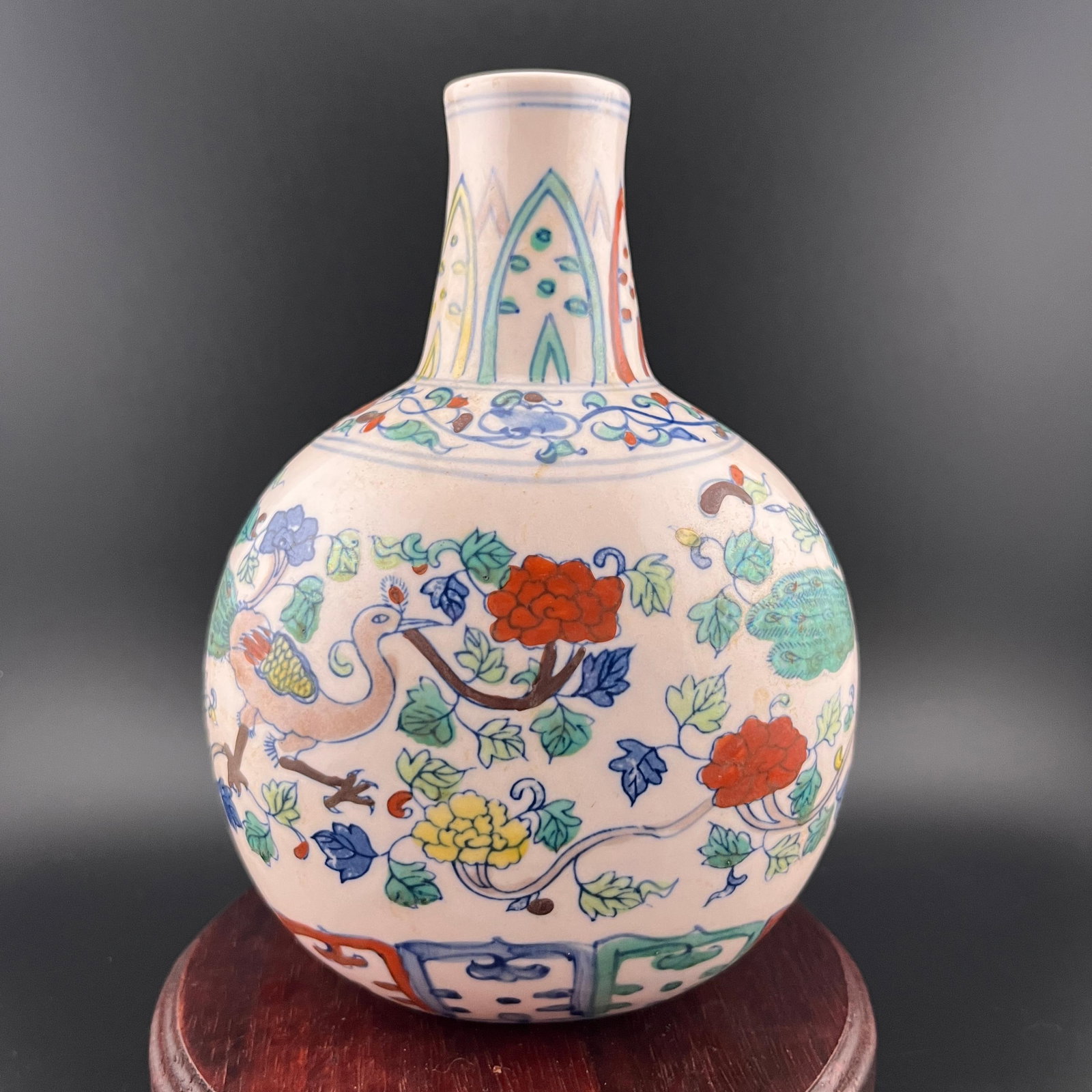 SMALL WUCAI PHOENIX AND PEACOCK BOTTLE PORCELAIN VASE