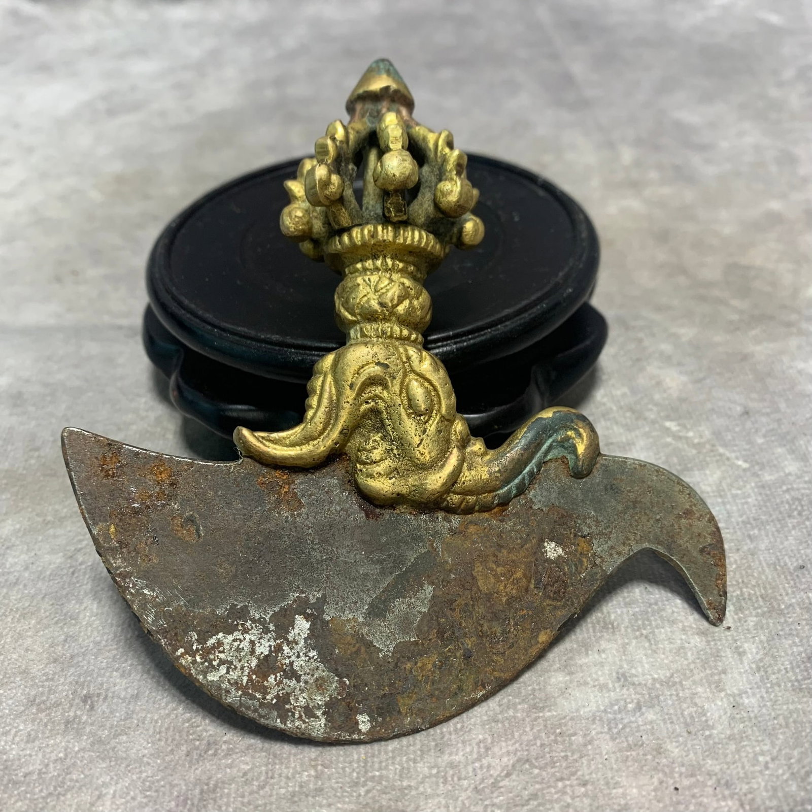 TIBETAN BRONZE AND IRON RITUAL TOOLS: Qing Dynasty; Long: 4.3 inch; Width: 1.3 inch; High: 4.6 inch; . Wooden base for display only