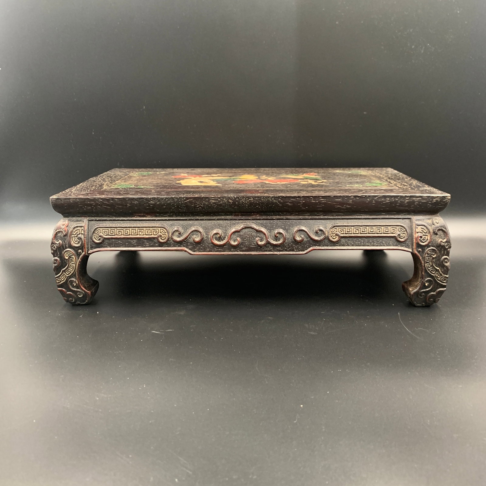 MOTHER-OF-PEARL INLAID HARDWOOD DISPLAY LOW TABLE: Modern; Long: 15.2 inch; Width: 9.3 inch; High: 4.5 inch; . Wooden base for display only