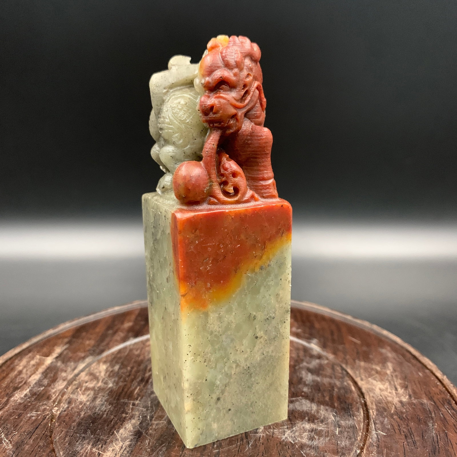 A FINELY CARVED SHOUSHAN STONE SEAL WITH PIXIU TOP: Modern; Long: 1.19 inch; Width: 1.19 inch; High: 4 inch; . Wooden base for display only