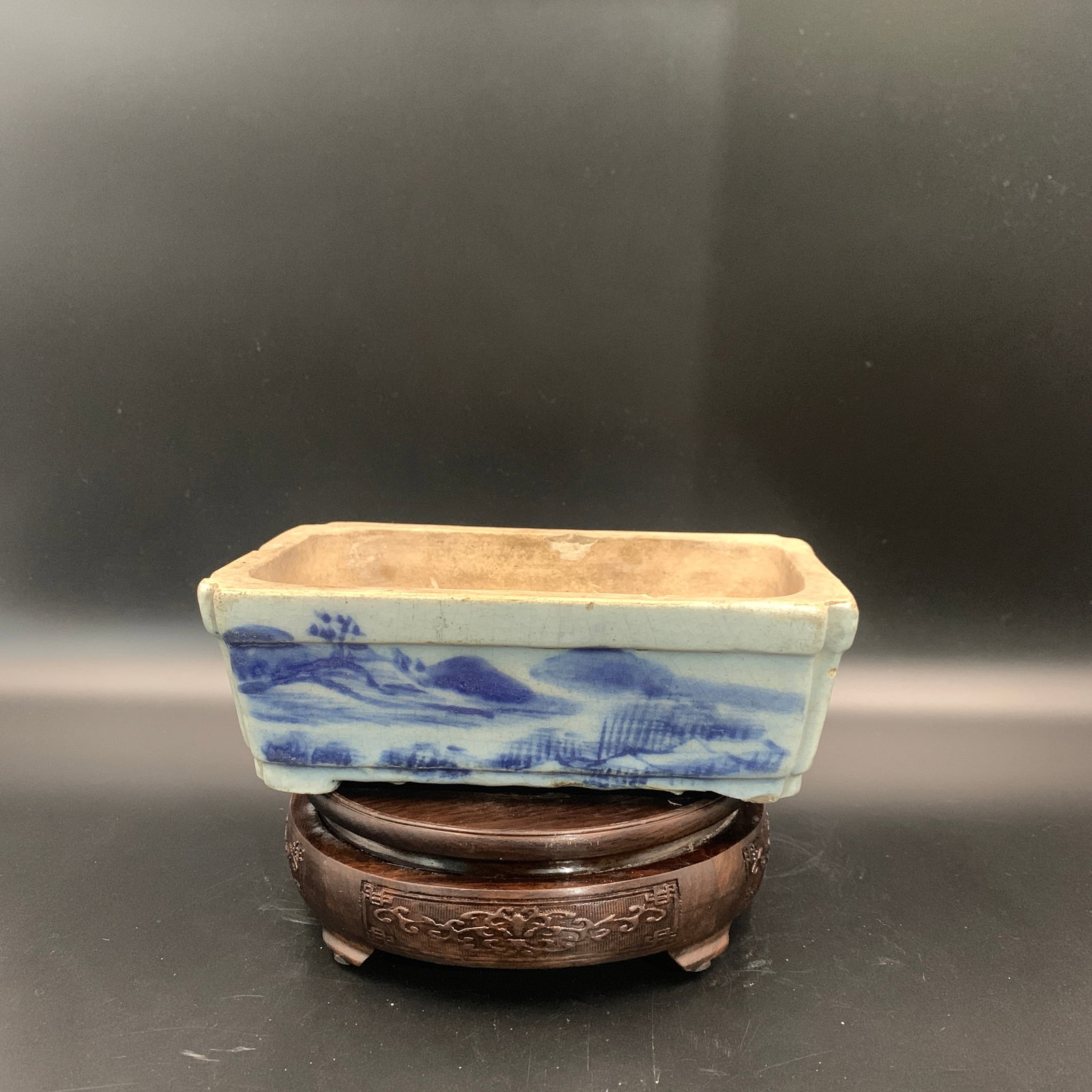 BLUE AND WHITE RECTANGULAR BONSAI PORCELAIN PLANTER - 3
