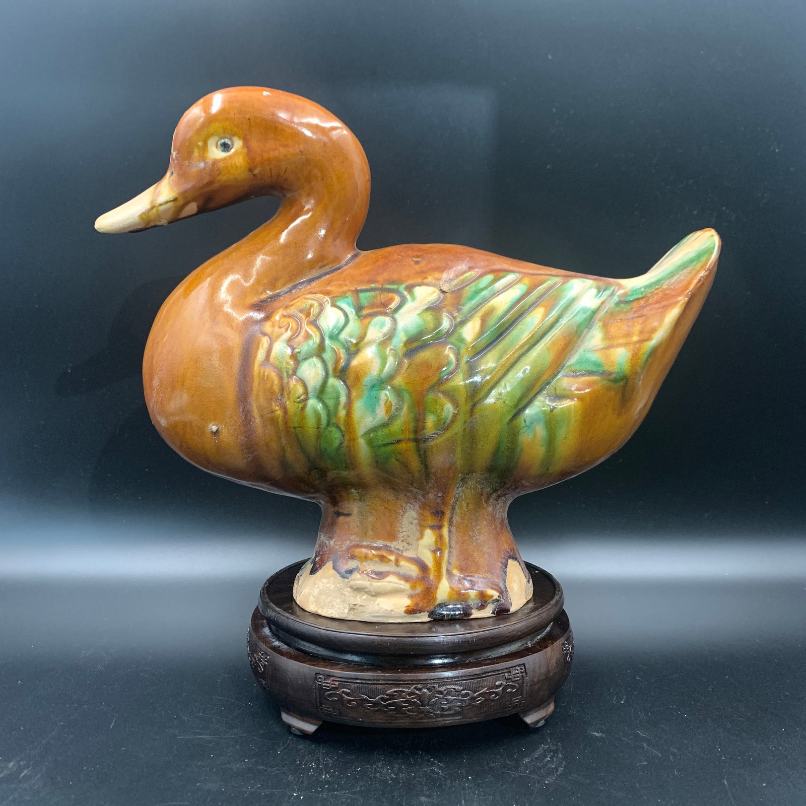 LARGE SANCAI-GLAZED SITTER DUCK FIGURE