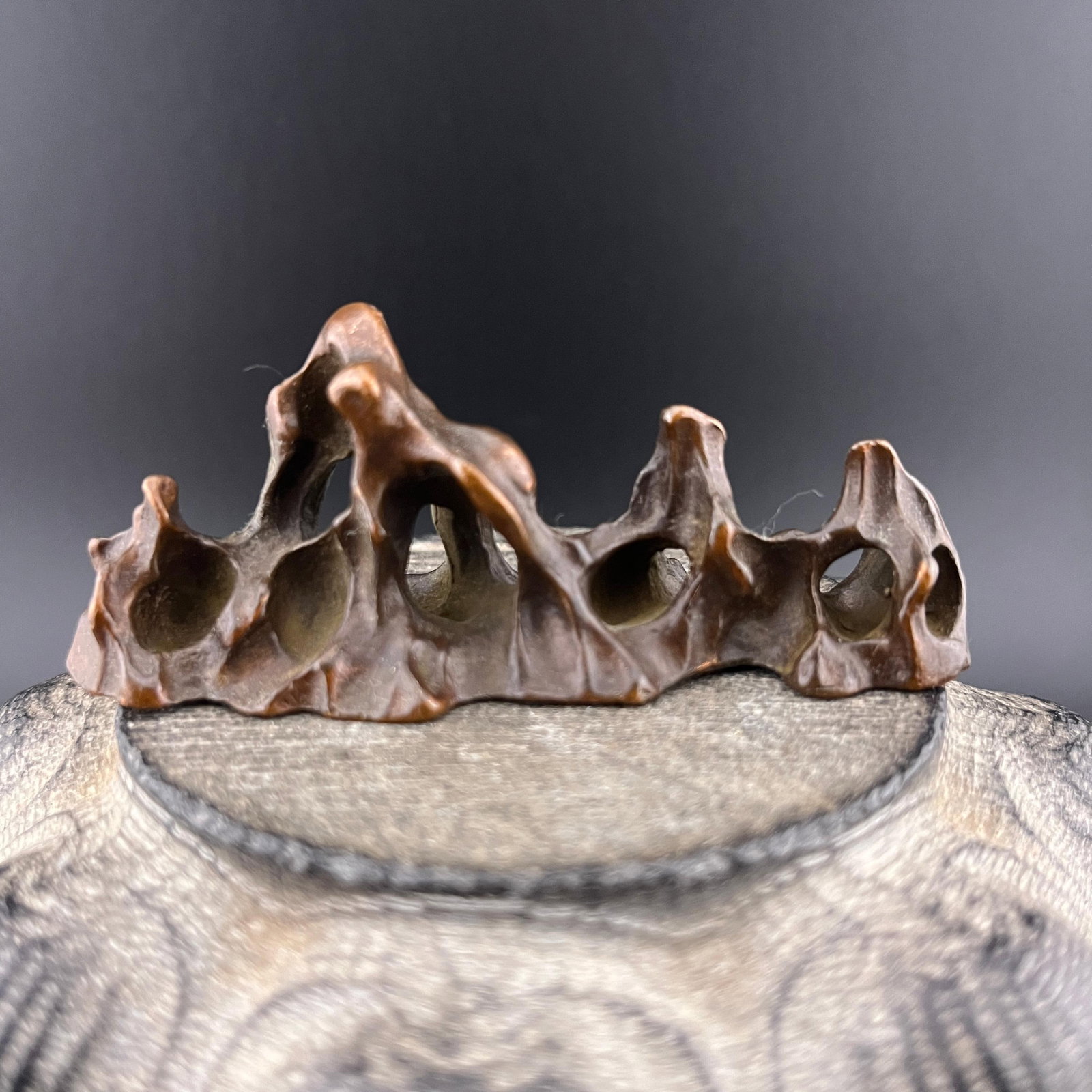 MINIATURE BRONZE MADE SCHOLAR'S BRUSH REST: Modern; Long: 3.2 inch; Width: 1.1 inch; High: 1.2 inch; . Wooden base for display only