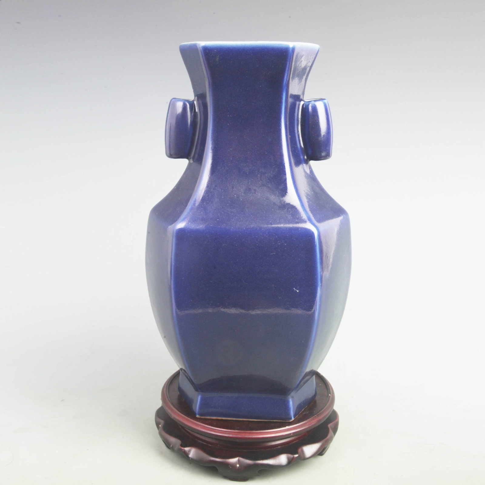 DARK BLUE GLAZED DOUBLE EAR SIX SIDE PORCELAIN VASE