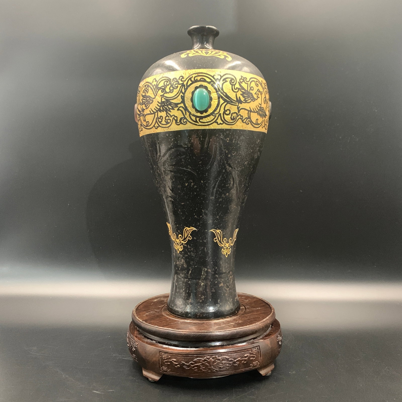 GILT BLACK LACQUER MEIPING VASE WITH JADE INLAY: Republic Period; High: 12 inch; Diameter: 5.9 inch; . Wooden base for display only