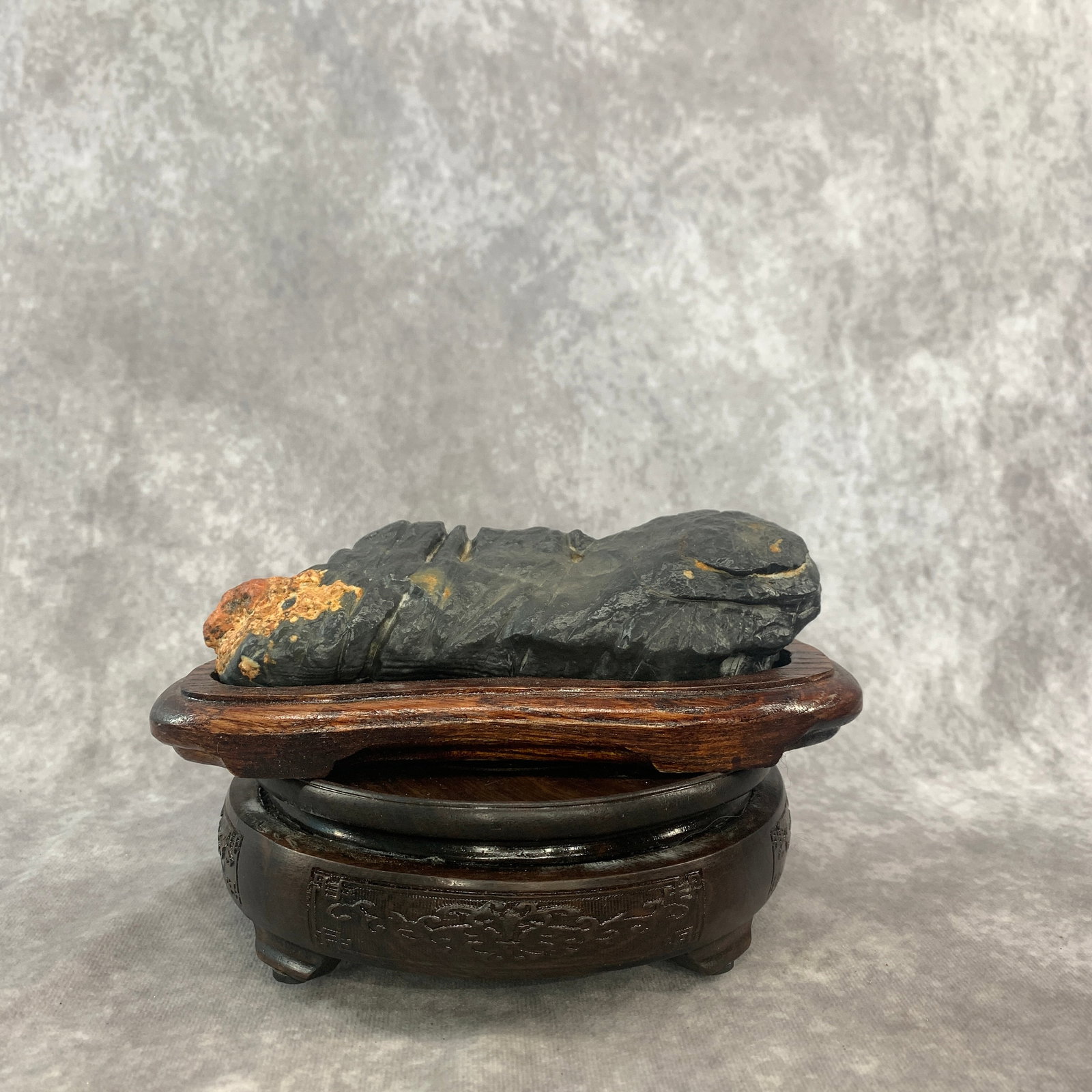 CHINESE SCHOLAR'S VIEWING STONE (GONGSHI) WITH BASE: Modern; Long: 6.8 inch; Width: 3.2 inch; High: 1.8 inch; . Wooden base for display only
