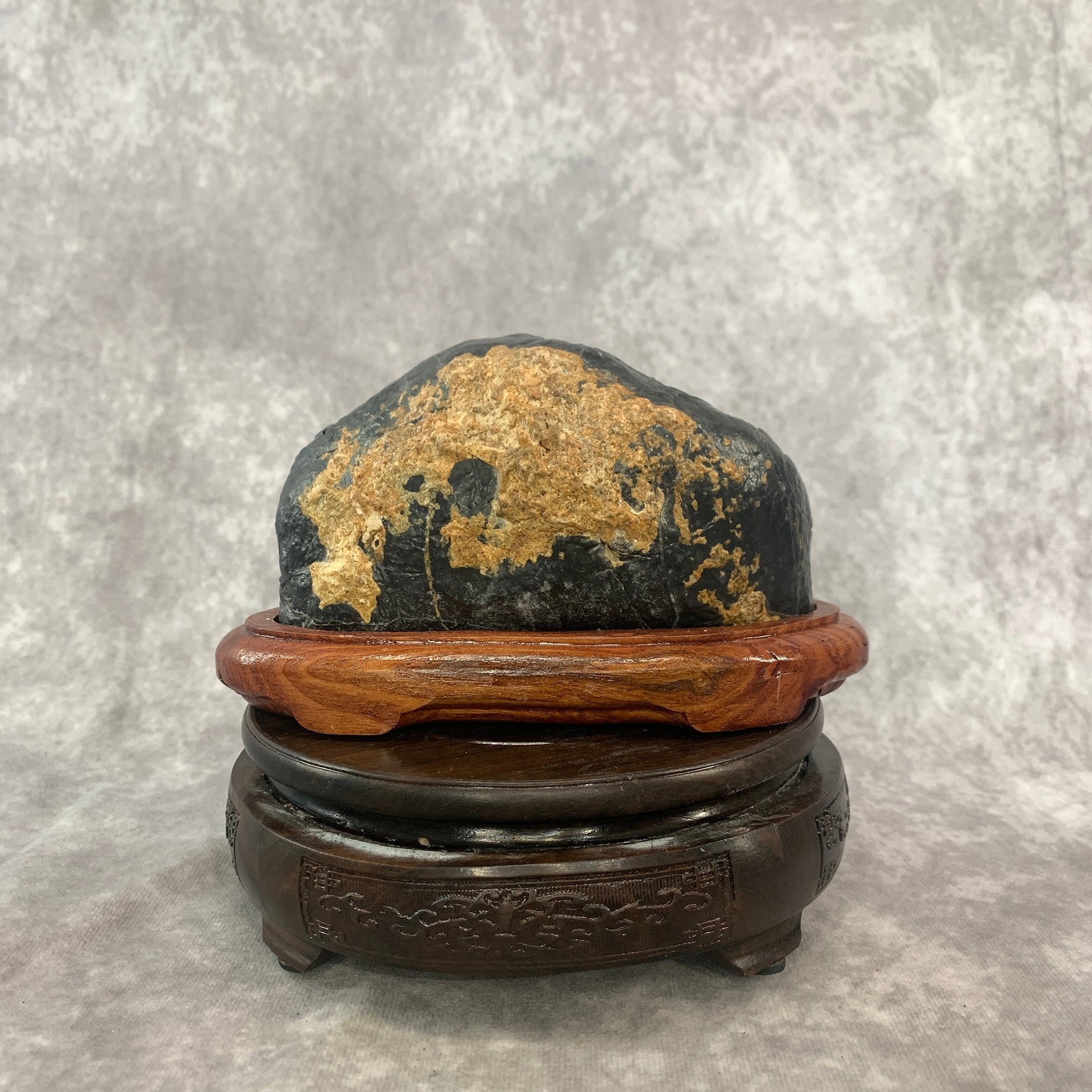 CHINESE SCHOLAR'S VIEWING STONE (GONGSHI) WITH BASE: Modern; Long: 5.7 inch; Width: 3 inch; High: 3.3 inch; . Wooden base for display only