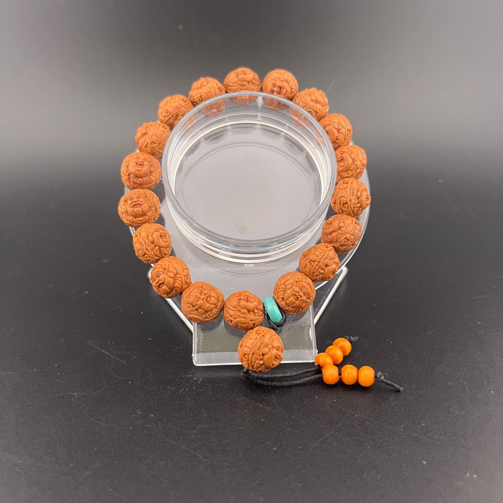 CARVED NUT-BEAD ARHAT BRACELET: Modern; Long: 4.3 inch; Diameter: 0.4 inch; . Wooden base for display only