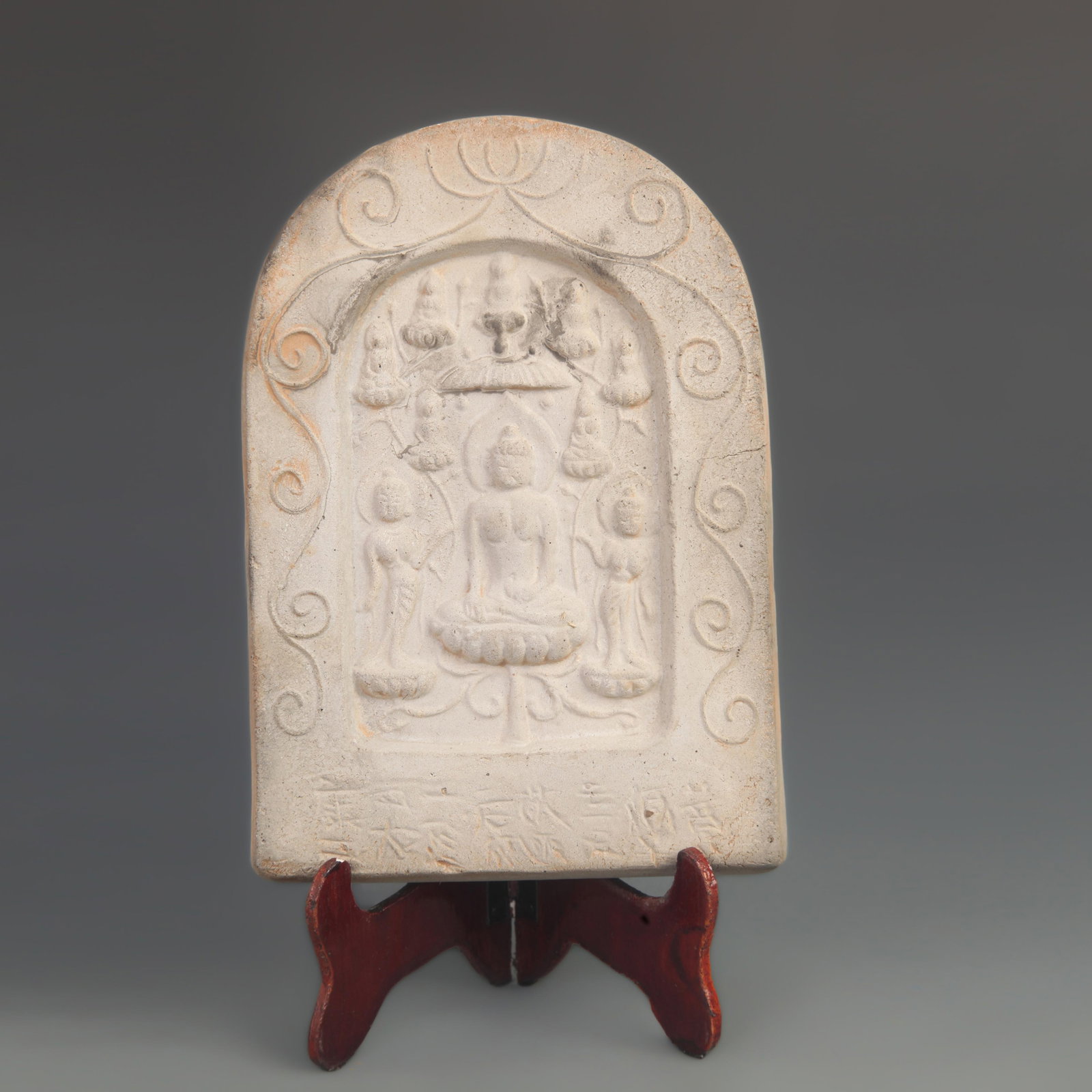 TERRACOTTA BRICK CARVING OF SHAKYAMUNI BUDDHA: Tang Dynasty Style; High: 8.00 inch; Width: 5.50 inch;. Wooden base for display only