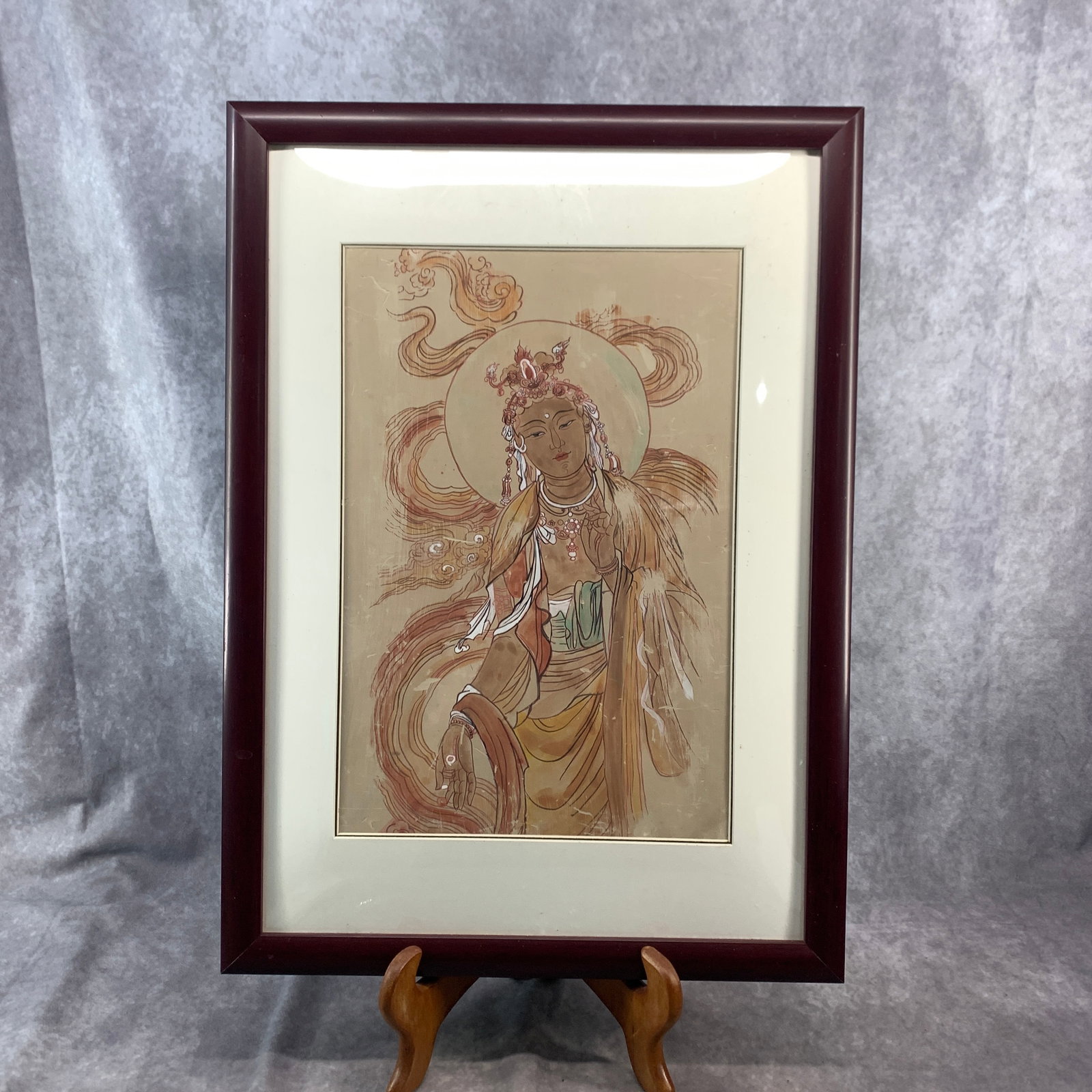 A FINE FRAMED AVALOKITESHVARA GUANYIN PAINTING ON MUD WALL