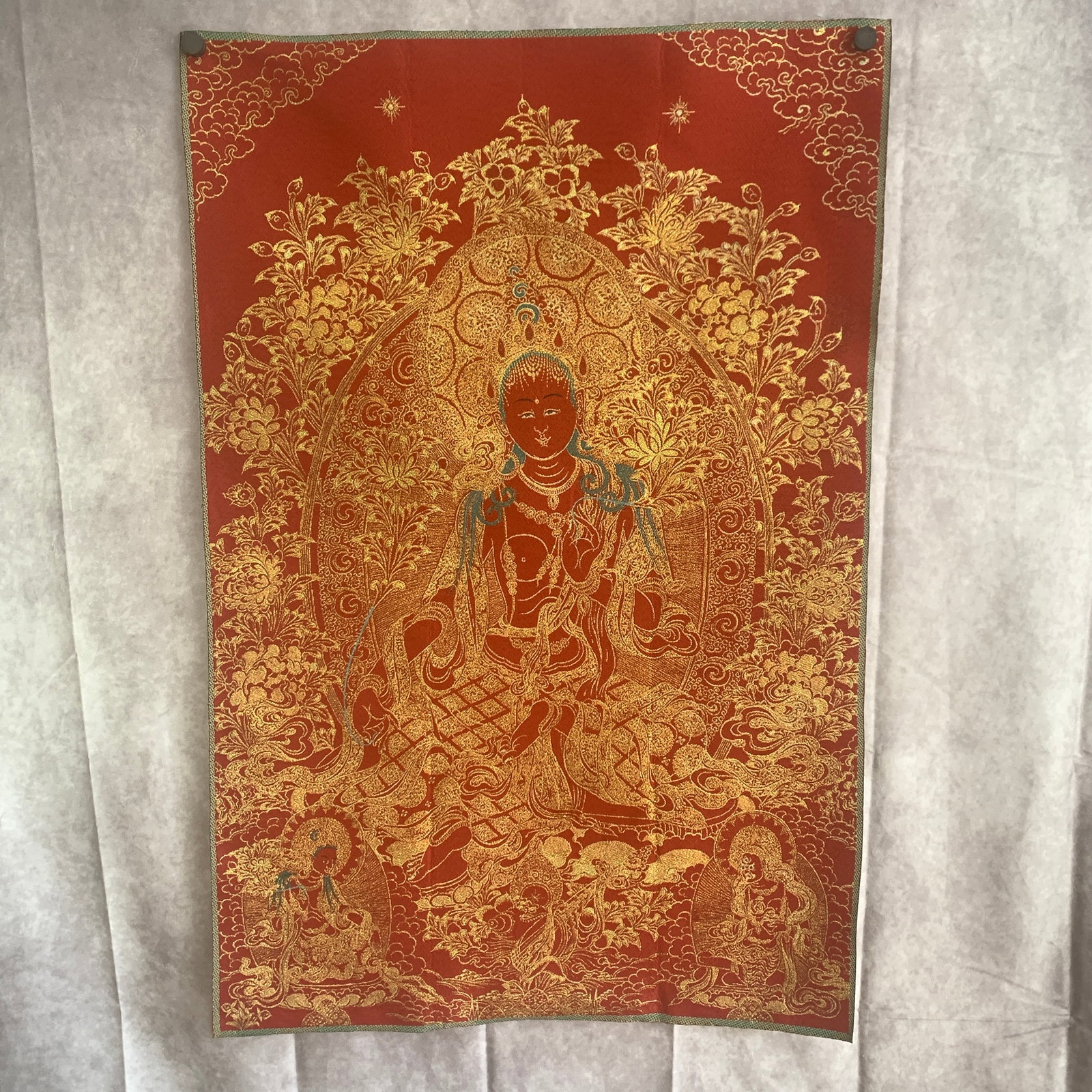 RED-GROUND GOLD THANGKA TAPESTRY: GREEN TARA