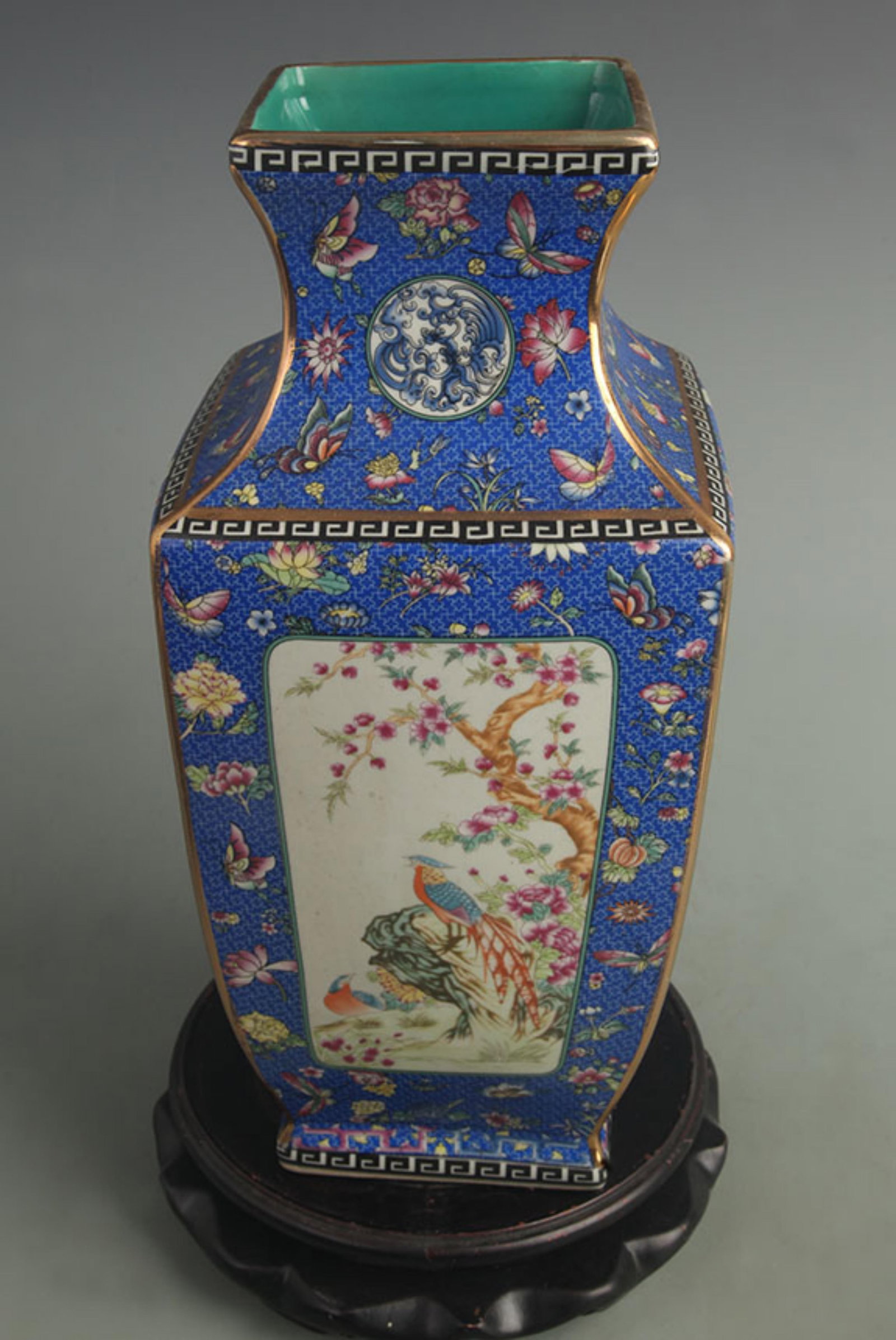 BLUE GROUND FLORAL AND BIRD PATTERN PORCELAIN SQUARE VASE