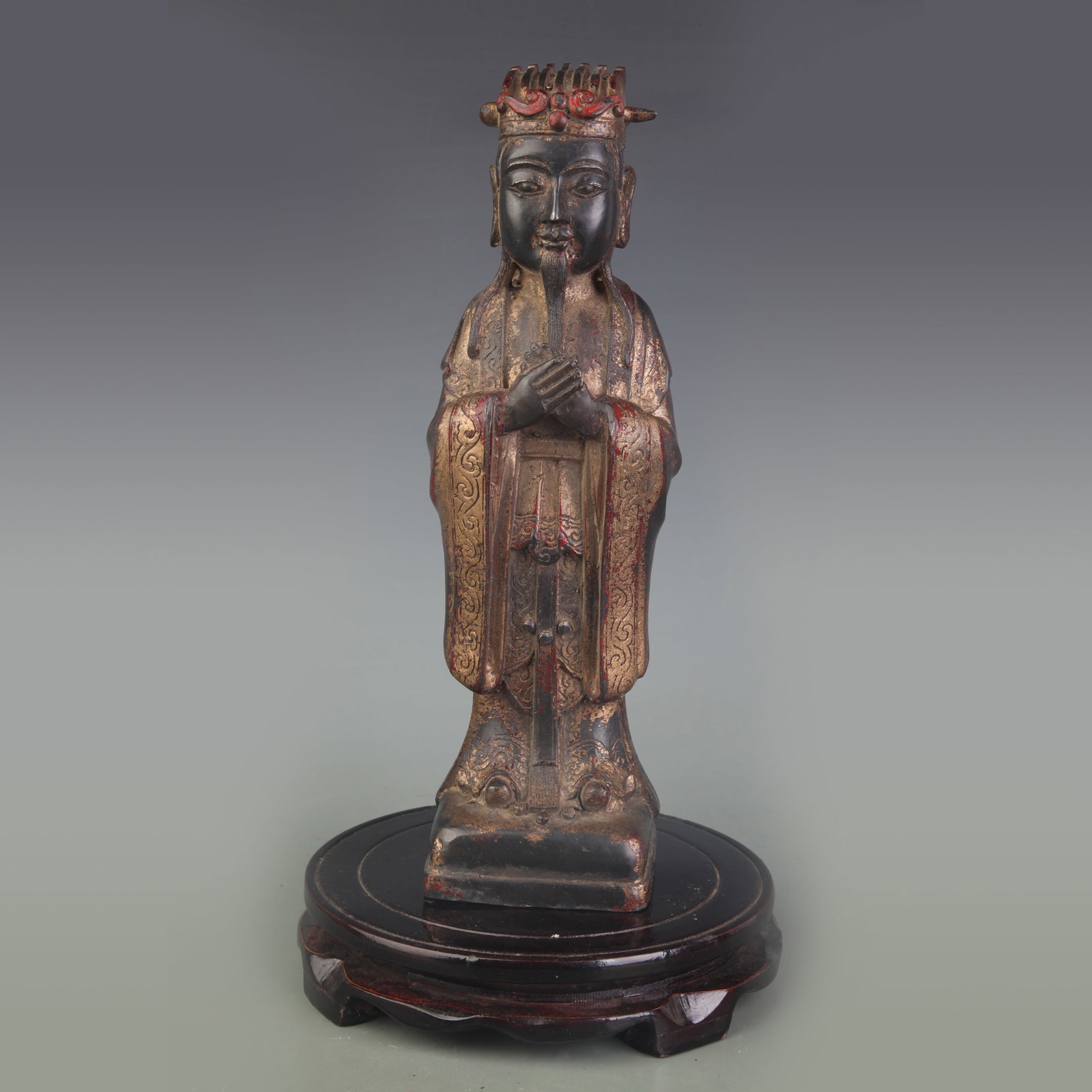 PARTIAL-GILT AND LACQUERED BRONZE STATUE OF A CIVIL OFFICIAL