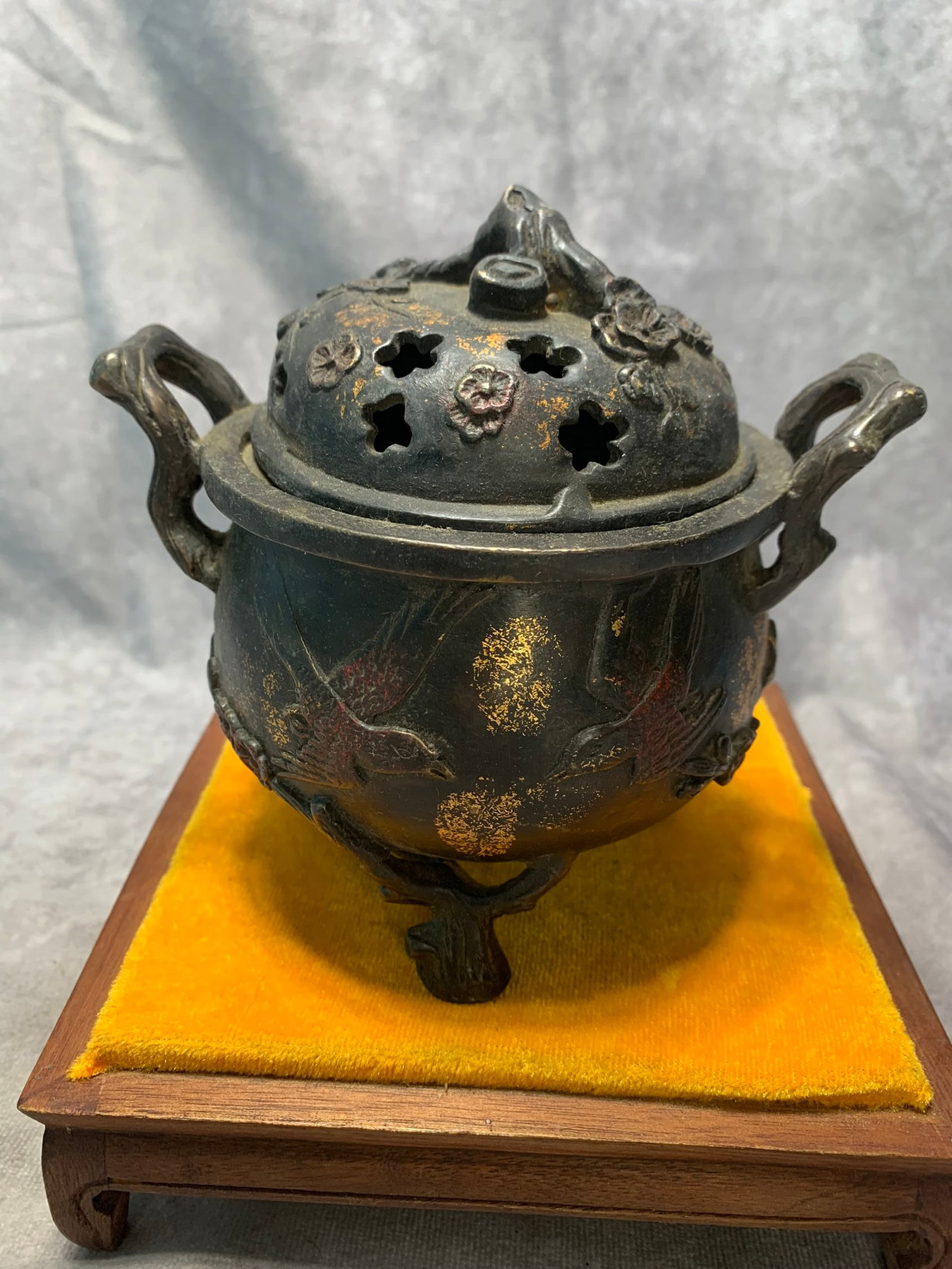 QIANLONG MARK GILT-BRONZE INCENSE BURNER WITH MAGPIE-ON-PLUM DESIGN