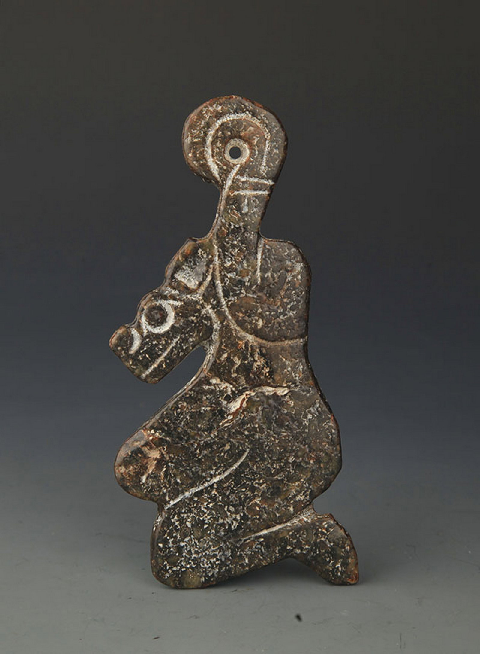 A FINE OLD JADE IN HUMAN FIGURE: Han Dynasty Style; High: 5.0 inch; Width: 2.5 inch; . Wooden base for display only