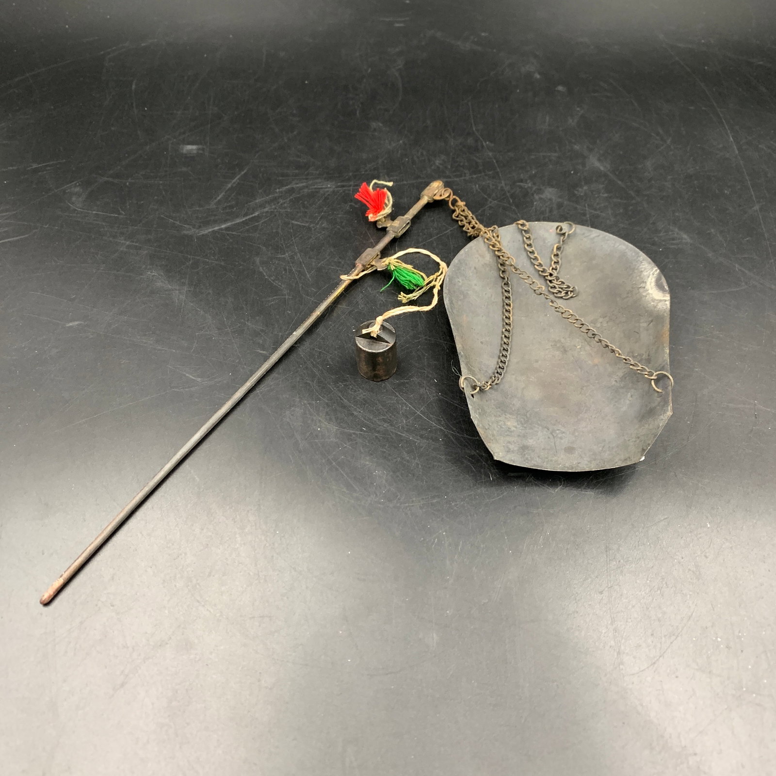 A SMALL ANTIQUE CHINESE STEELYARD SCALE: Republic Period; Long: 10 inch; Diameter: 0.1 inch; High: 1 inch; Diameter: 0.6 inch; Long: 5 inch; Width: 3.6 inch; High: 0.9 inch; . Wooden base for display only