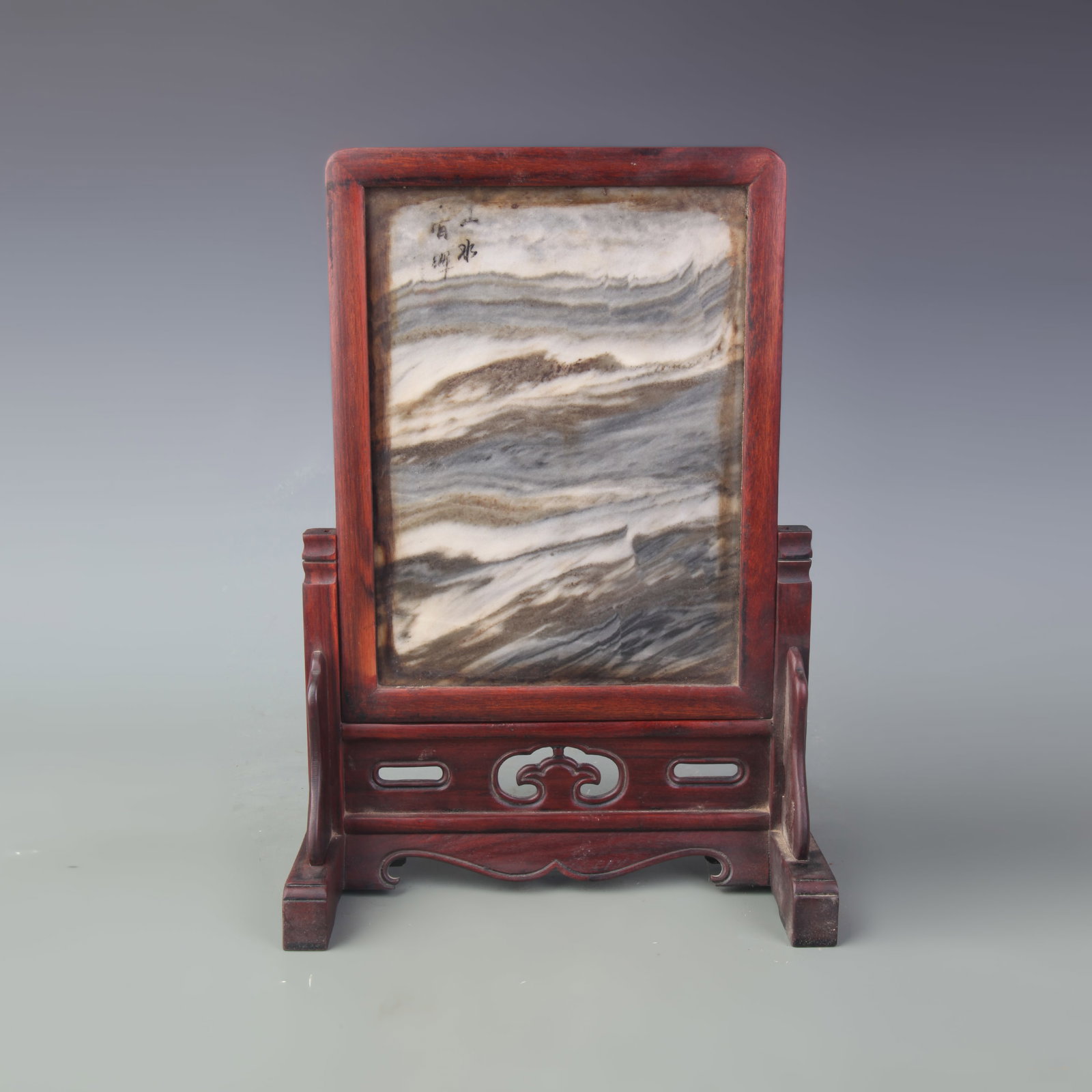HUALI HARDWOOD TABLE SCREEN WITH MARBLE LANDSCAPE PANEL: Qing Dynasty; Width: 7.9in ; High: 11.3in. Wooden base for display only