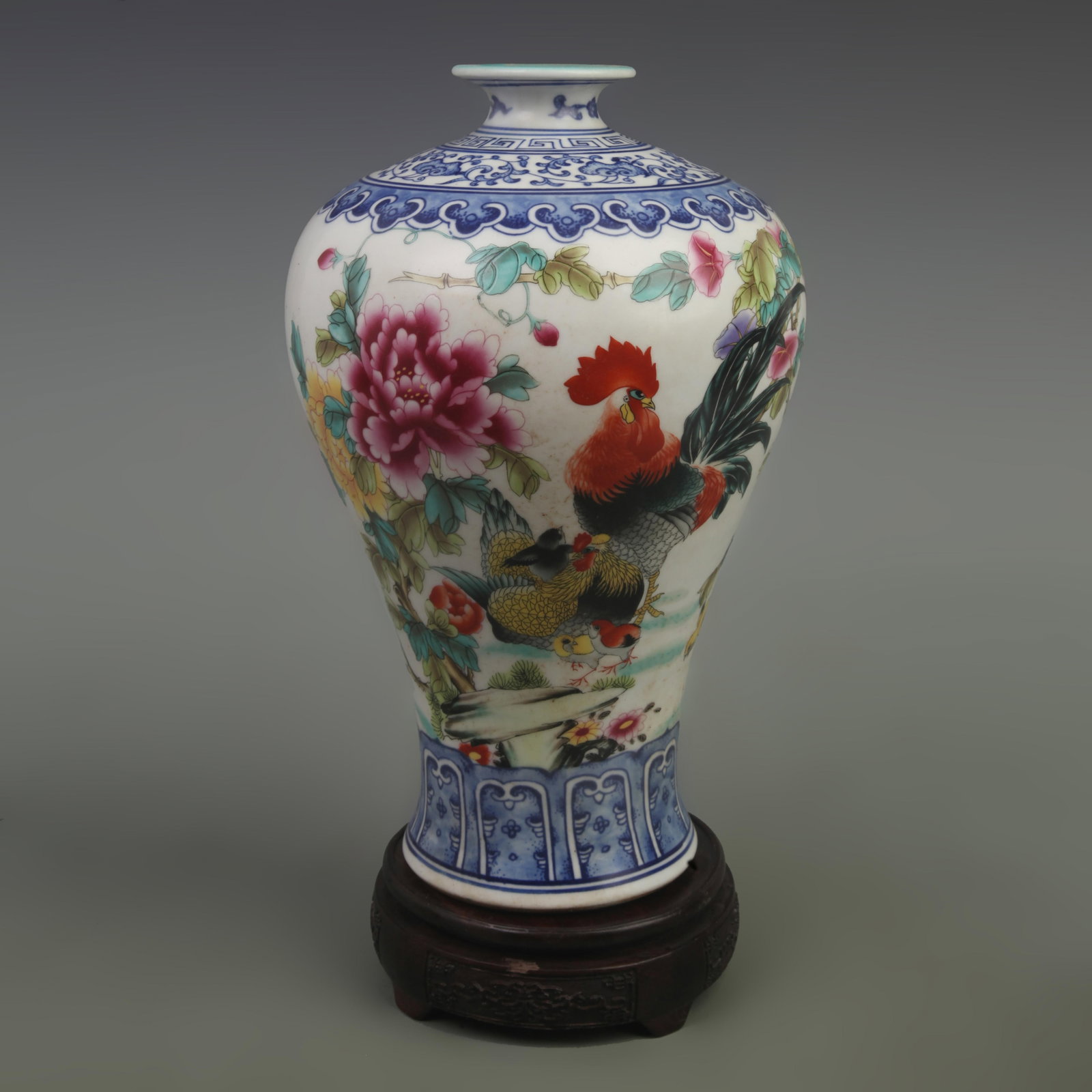 FAMILLE ROSE CHICKEN PATTERN MEI STYLE PORCELAIN VASE: Qing Dynasty Yong Zheng Period; High: 12 inch; Width: 8 inch; . Wooden base for display only
