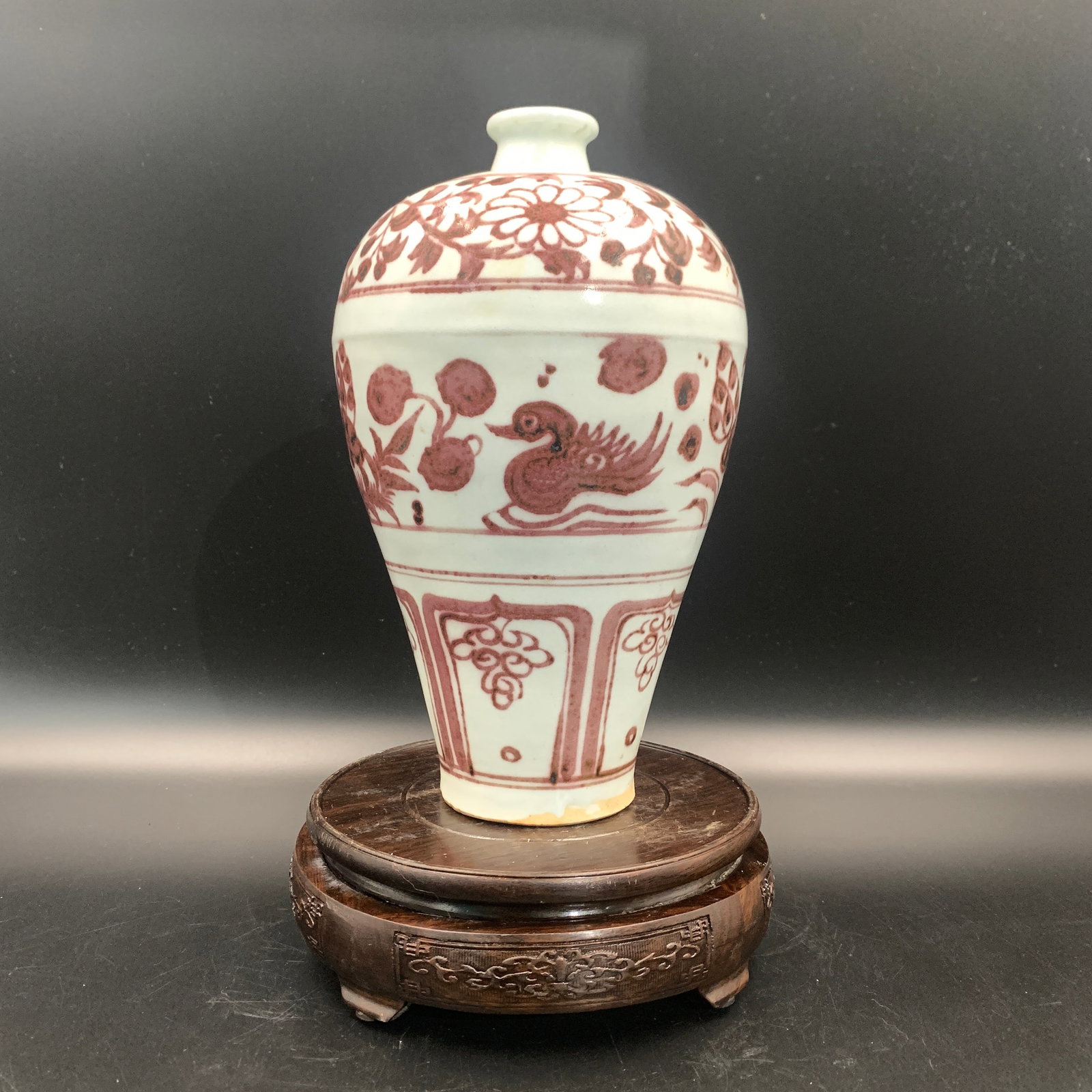 UNDERGLAZE RED WATERFOWL MEIPING PORCELAIN VASE: Ming Dynasty Style; High: 5 inch; Diameter: 5.5 inch; . Wooden base for display only