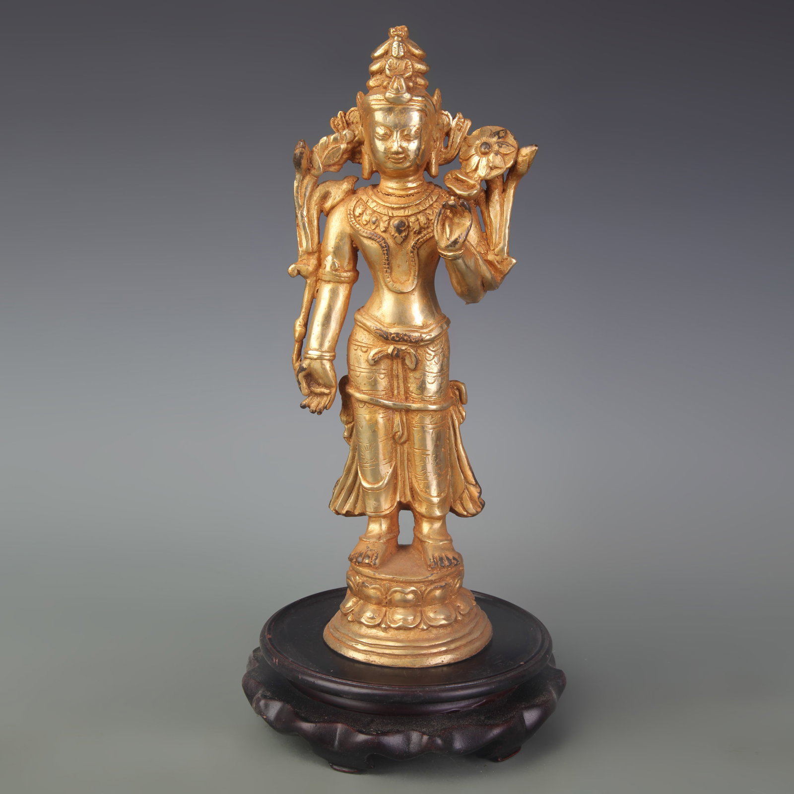 RARE GILT BRONZE FIGURE OF STANDING TARA BODHISATTVA STATUE: Qing Dynasty; Width: 3.7 inch; High: 10.2 inch; . Wooden base for display only