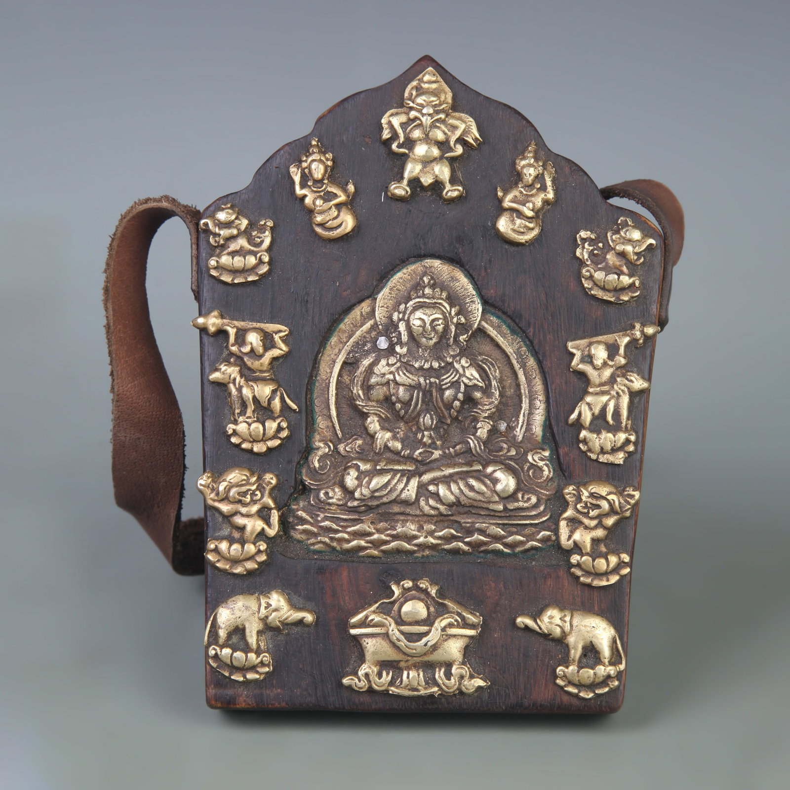A FINE WOODEN TIBETAN BUDDHIST GAU (AMULET SHRINE): 19th Century; Long: 6.5 inch; Width: 4.9 inch; . Wooden base for display only
